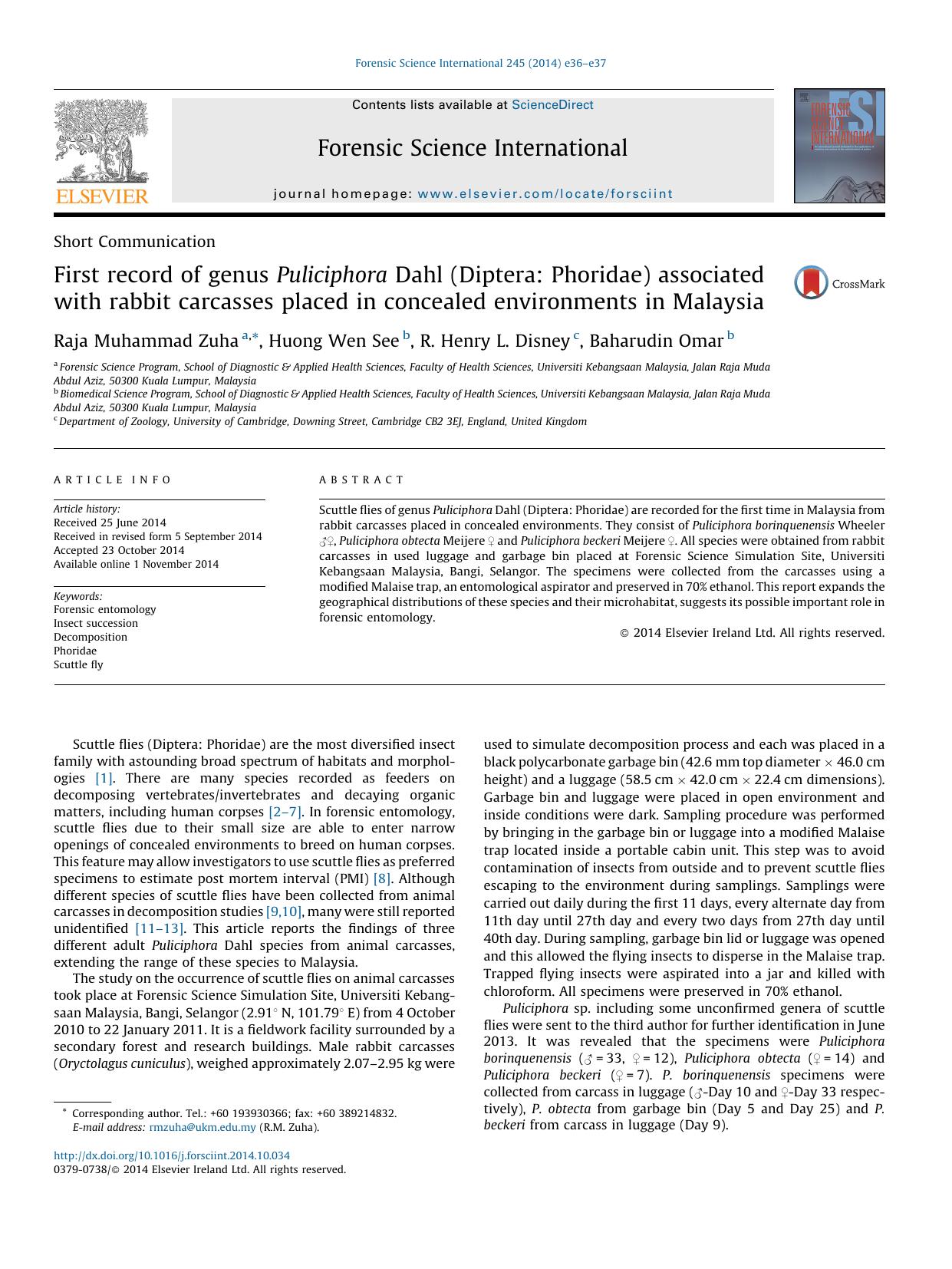 First record of genus Puliciphora Dahl (Diptera: Phoridae) associated with rabbit carcasses placed in concealed environments in Malaysia by Raja Muhammad Zuha & Huong Wen See & R. Henry L. Disney & Baharudin Omar