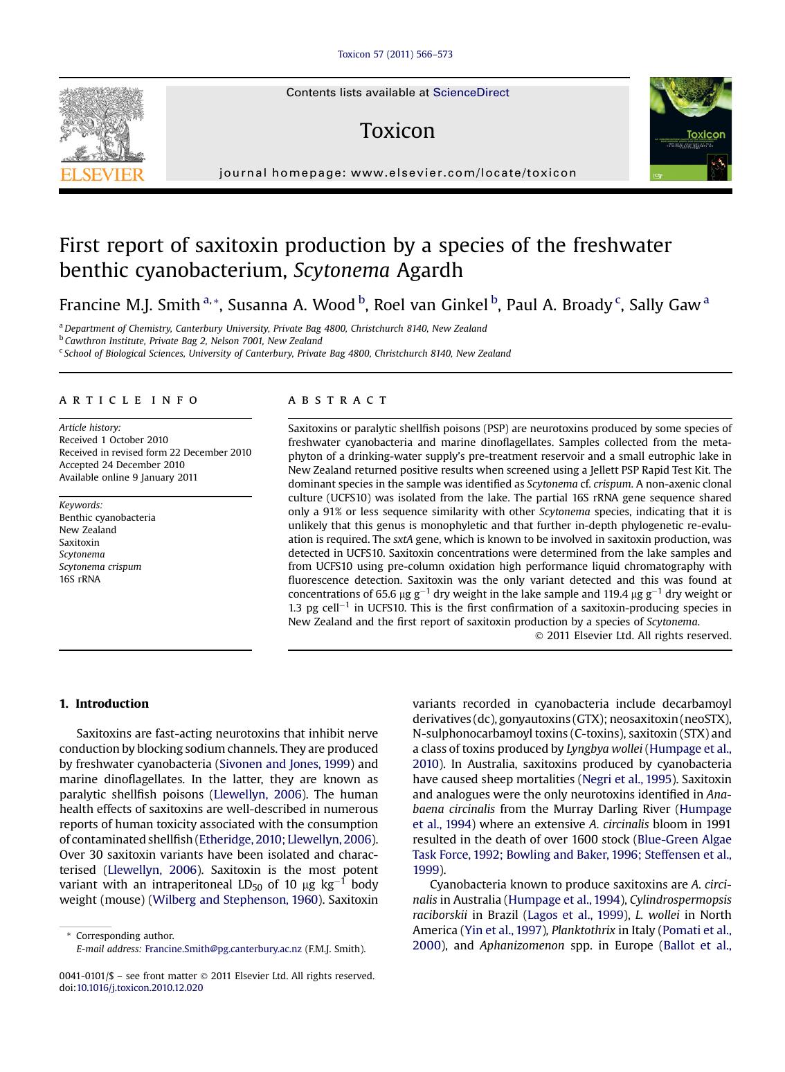 First report of saxitoxin production by a species of the freshwater benthic cyanobacterium, Scytonema Agardh by Francine M.J. Smith & Susanna A. Wood & Roel van Ginkel & Paul A. Broady & Sally Gaw