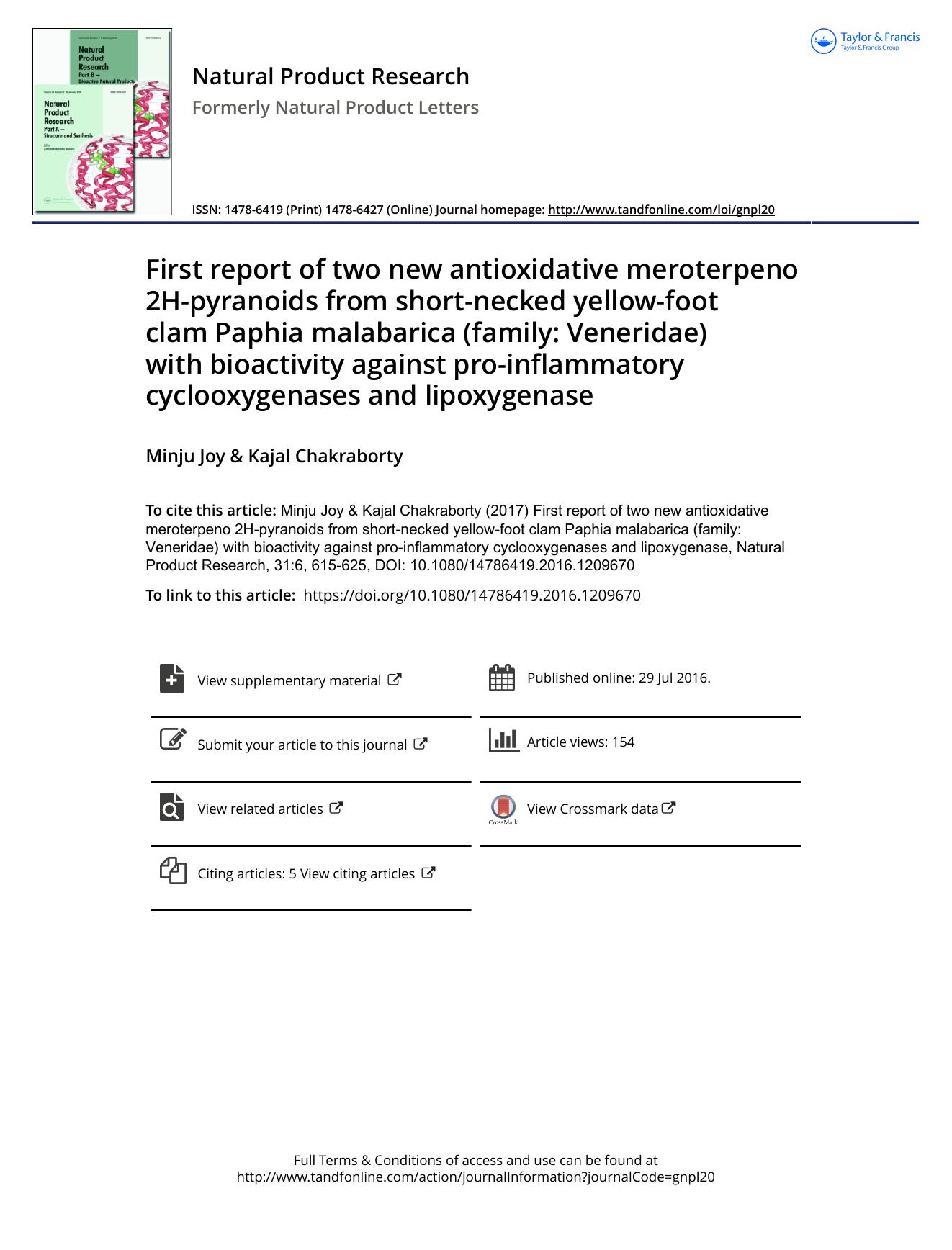 First report of two new antioxidative meroterpeno 2H-pyranoids from short-necked yellow-foot clam Paphia malabarica (family: Veneridae) with bioactivity against pro-inflammatory cy by Minju Joy & Kajal Chakraborty