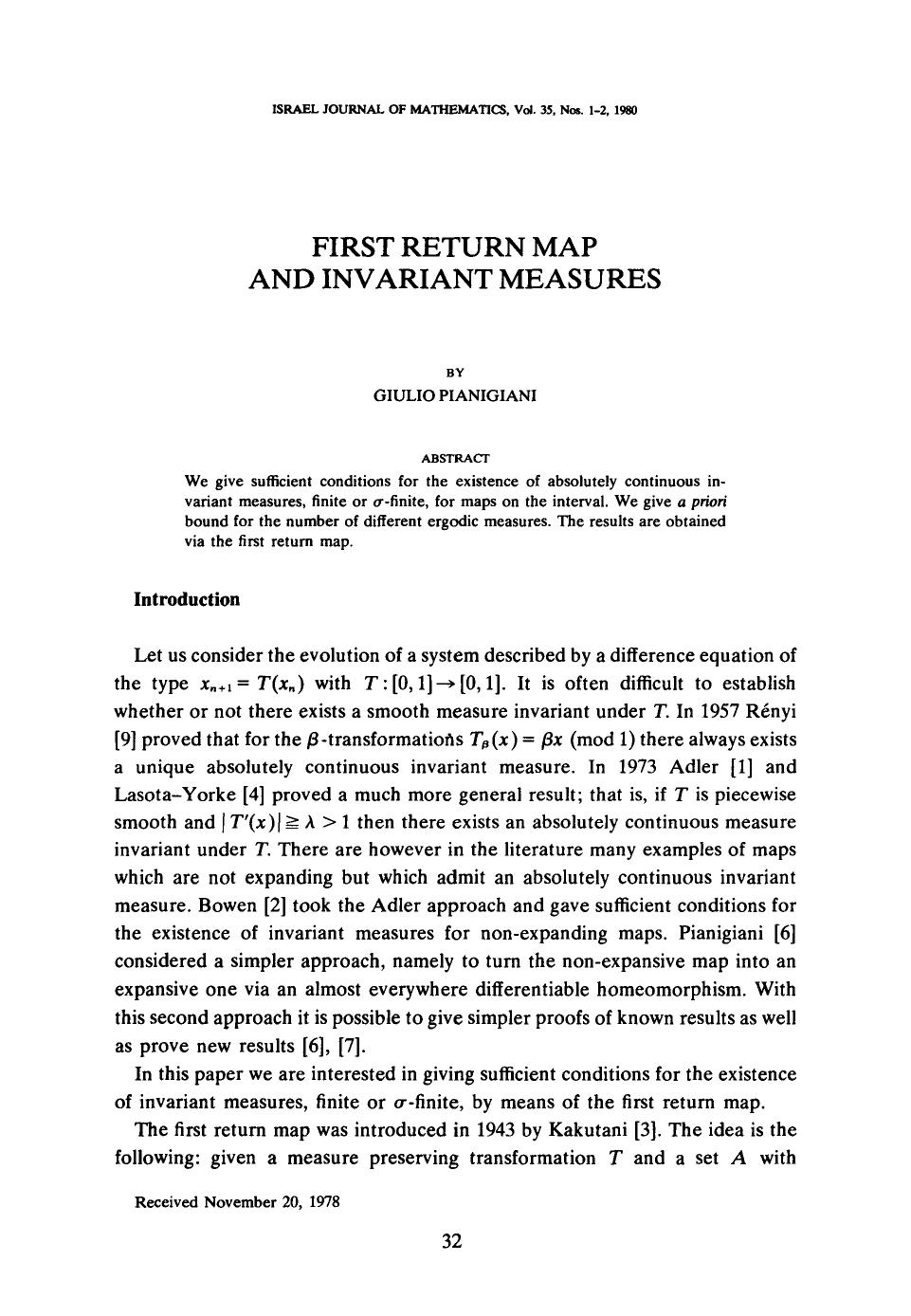 First return map and invariant measures by Unknown