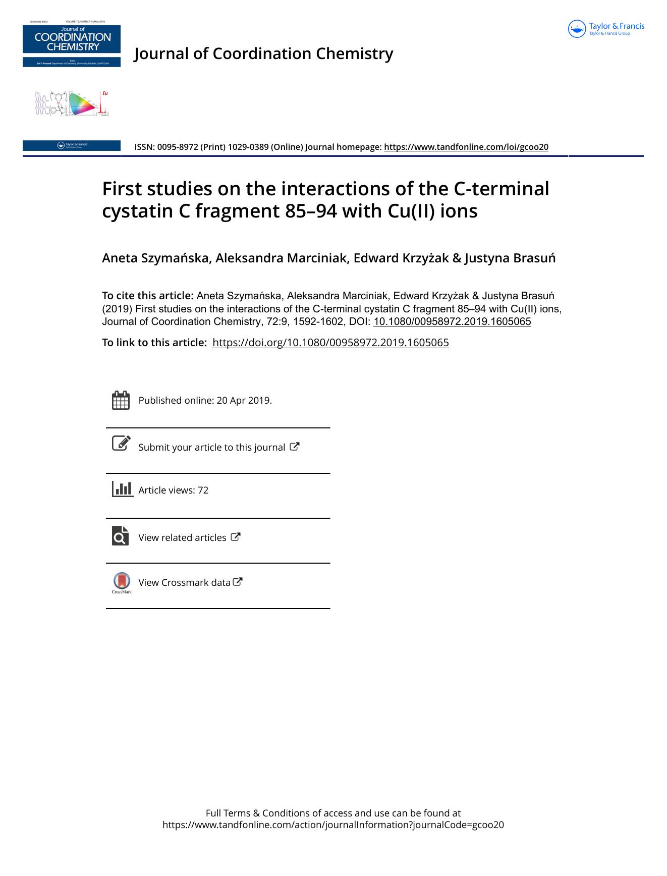 First studies on the interactions of the C-terminal cystatin C fragment 85â94 with Cu(II) ions by Szymańska Aneta & Marciniak Aleksandra & Krzyżak Edward & Brasuń Justyna