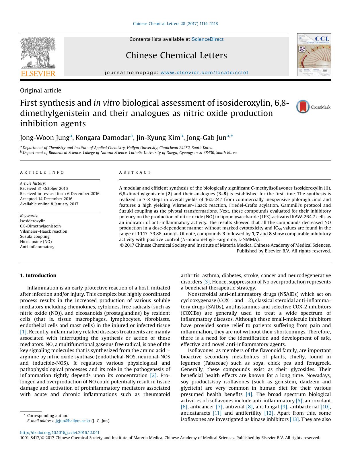 First synthesis and in vitro biological assessment of isosideroxylin, 6,8-dimethylgenistein and their analogues as nitric oxide production inhibition agents by Jong-Woon Jung & Kongara Damodar & Jin-Kyung Kim & Jong-Gab Jun