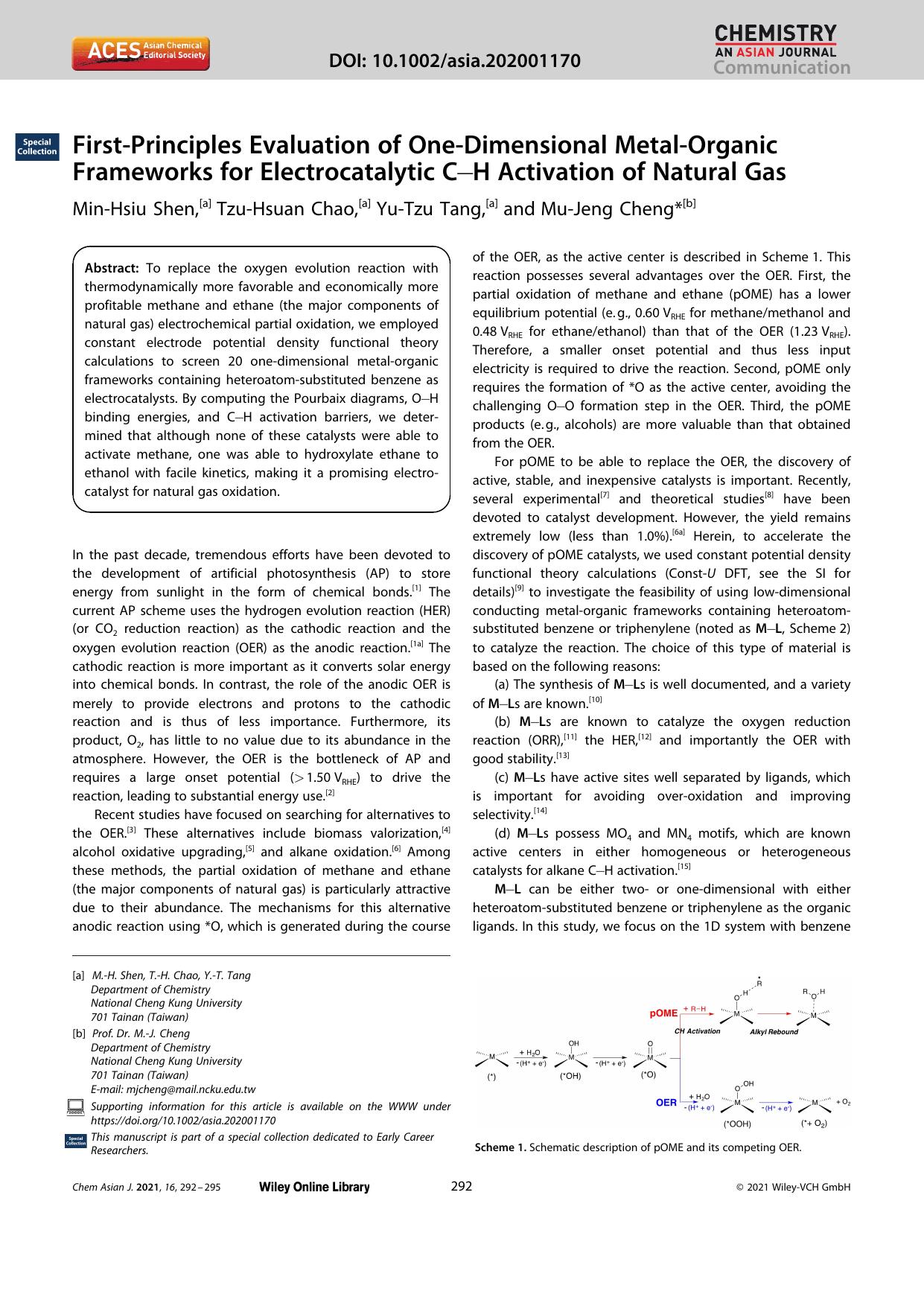 FirstâPrinciples Evaluation of OneâDimensional MetalâOrganic Frameworks for Electrocatalytic CâH Activation of Natural Gas by Unknown