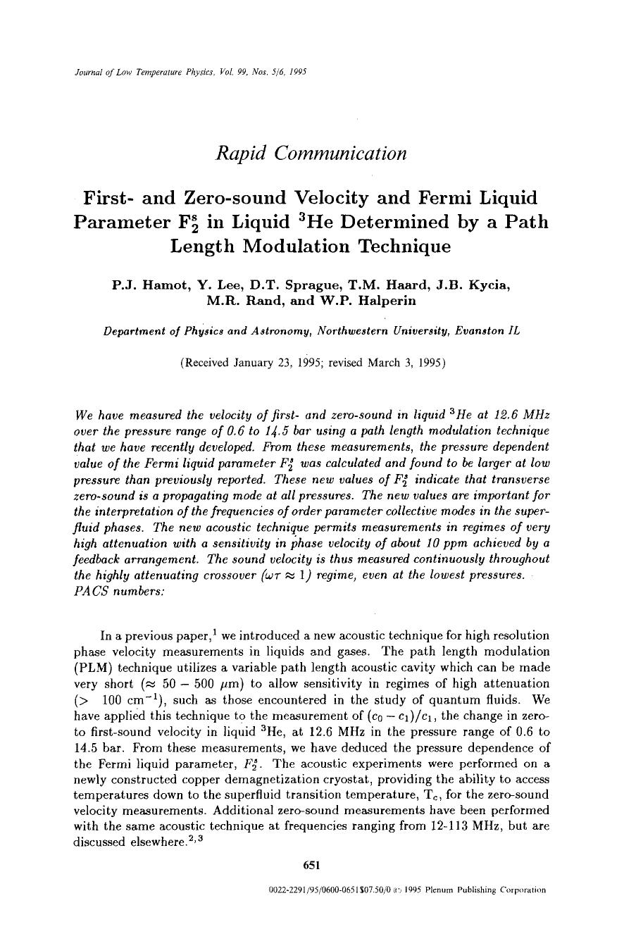 First- and zero-sound velocity and fermi liquid parameter F <Stack> <Subscript>2 <Subscript> <Superscript>s <Superscript> <Stack> in liquid <Superscript>3 <Superscript>He determine by Unknown