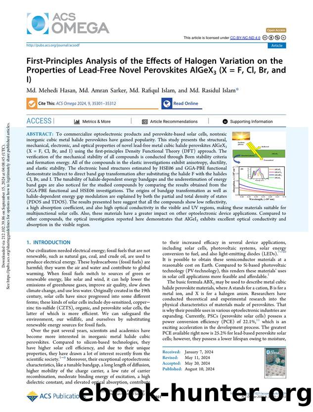First-Principles Analysis of the Effects of Halogen Variation on the Properties of Lead-Free Novel Perovskites AlGeX3 (X = F, Cl, Br, and I) by Md. Mehedi Hasan Md. Amran Sarker Md. Rafiqul Islam & Md. Rasidul Islam