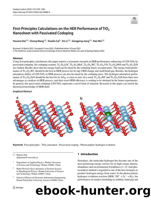 First-Principles Calculations on the HER Performance of TiO2 Nanosheet with Passivated Codoping by Houmei Dai & Chong Wang & Xiaolin Cai & Xin Li & Gengping Jiang & Ran Wei