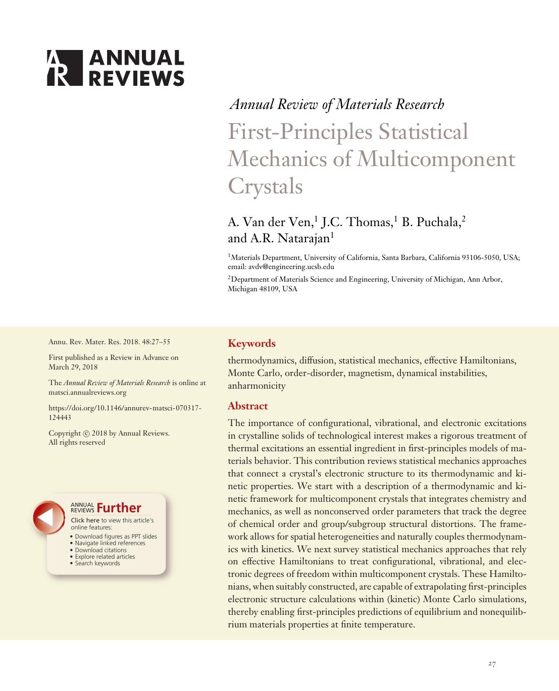 First-Principles Statistical Mechanics of Multicomponent Crystals by A. Van der Ven J.C. Thomas B. Puchala A.R. Natarajan