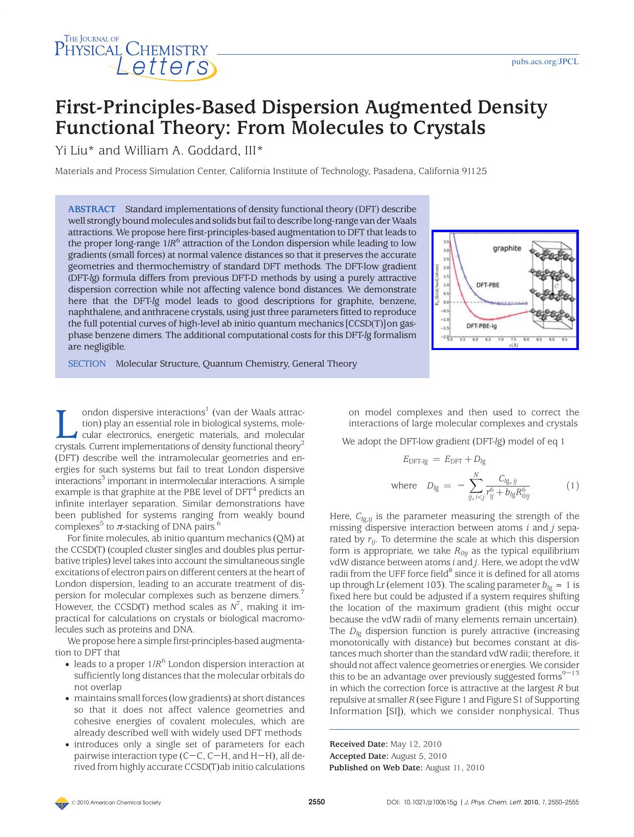 First-Principles-Based Dispersion Augmented Density Functional Theory: From Molecules to Crystals by Unknown