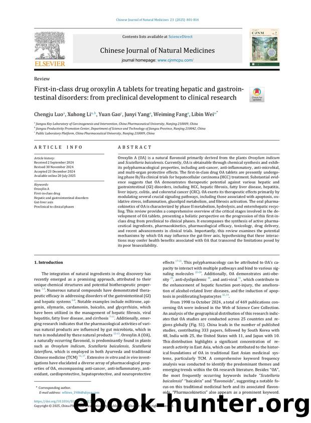 First-in-class drug oroxylin A tablets for treating hepatic and gastrointestinal disorders: from preclinical development to clinical research by Chengju Luo & Xuhong Li & Yuan Gao & Junyi Yang & Weiming Fang & Libin Wei