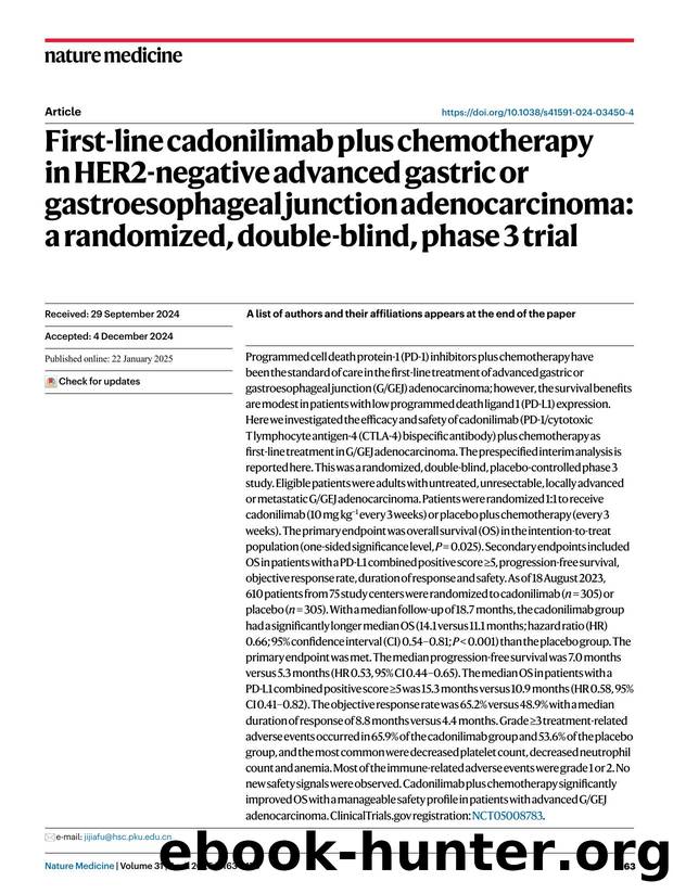 First-line cadonilimab plus chemotherapy in HER2-negative advanced gastric or gastroesophageal junction adenocarcinoma: a randomized, double-blind, phase 3 trial by unknow