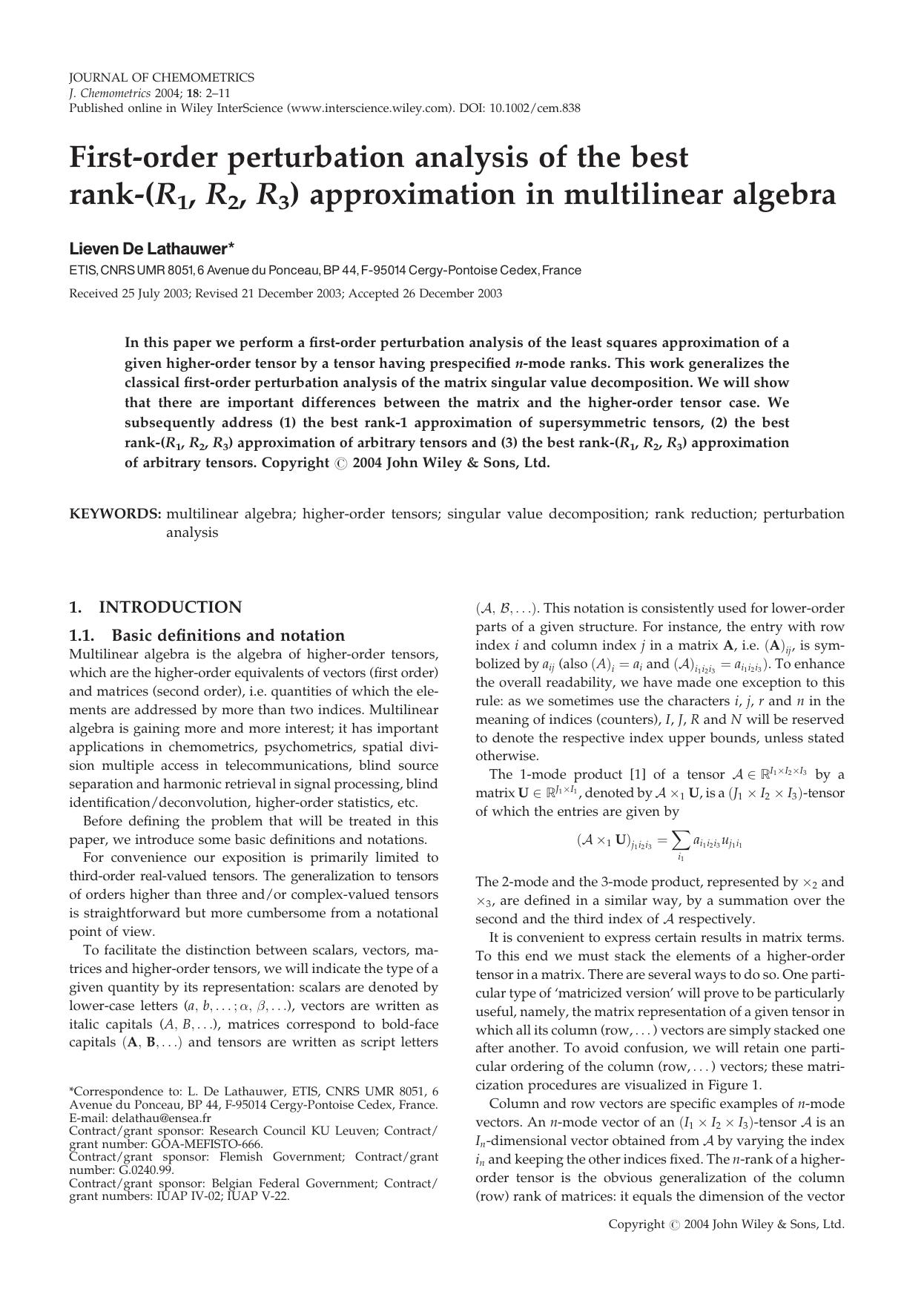 First-order perturbation analysis of the best rank-(R1, R2, R3) approximation in multilinear algebra by Unknown