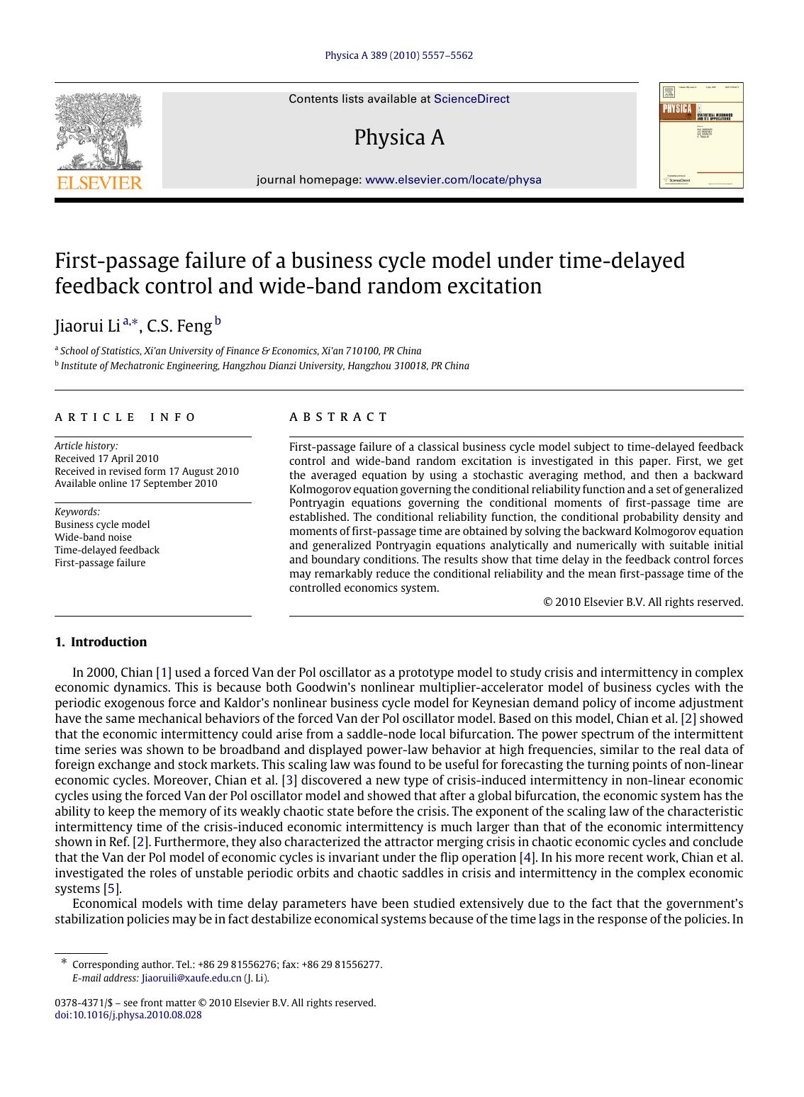First-passage failure of a business cycle model under time-delayed feedback control and wide-band random excitation by Jiaorui Li & C.S. Feng