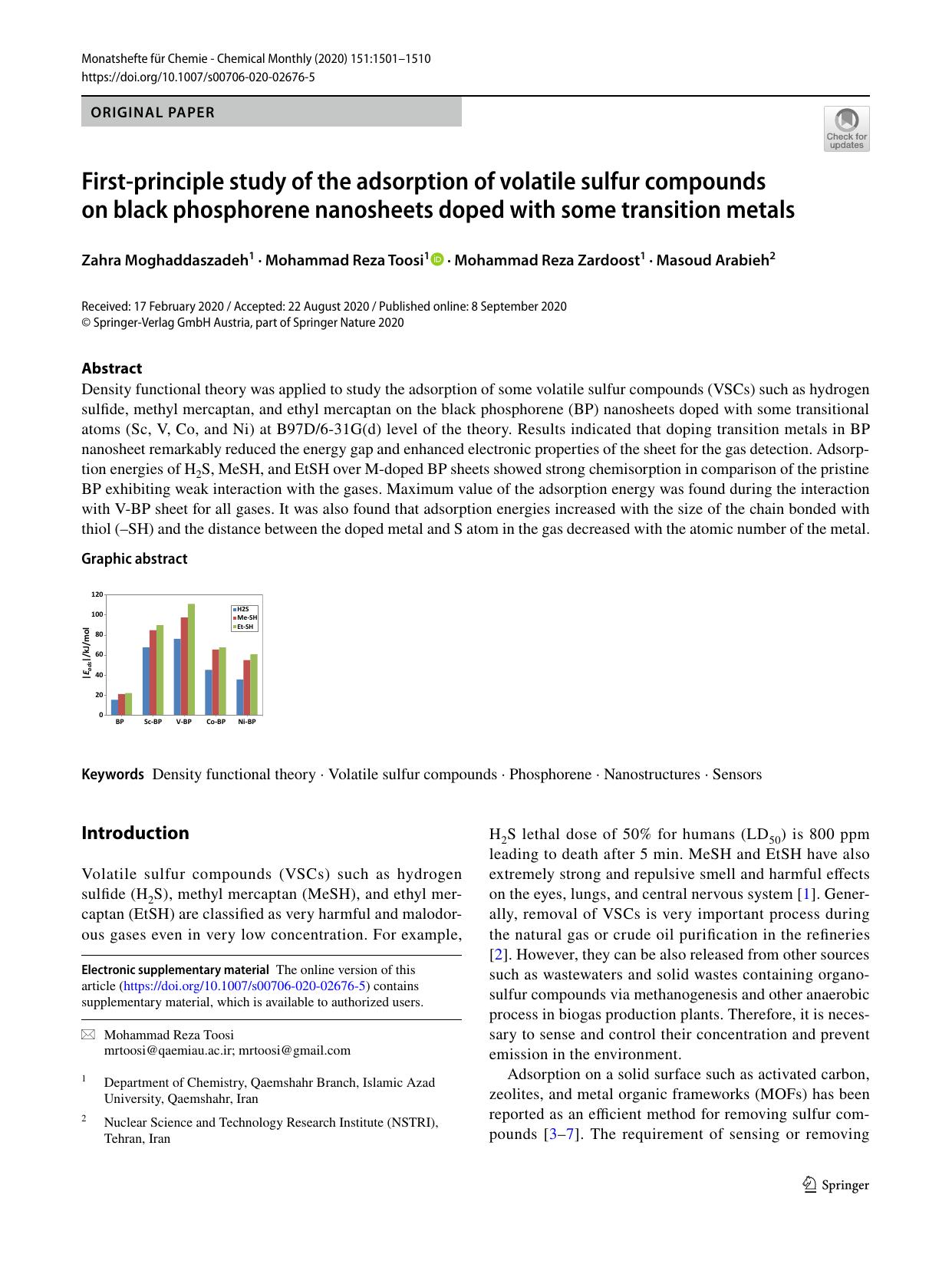 First-principle study of the adsorption of volatile sulfur compounds on black phosphorene nanosheets doped with some transition metals by Zahra Moghaddaszadeh & Mohammad Reza Toosi & Mohammad Reza Zardoost & Masoud Arabieh