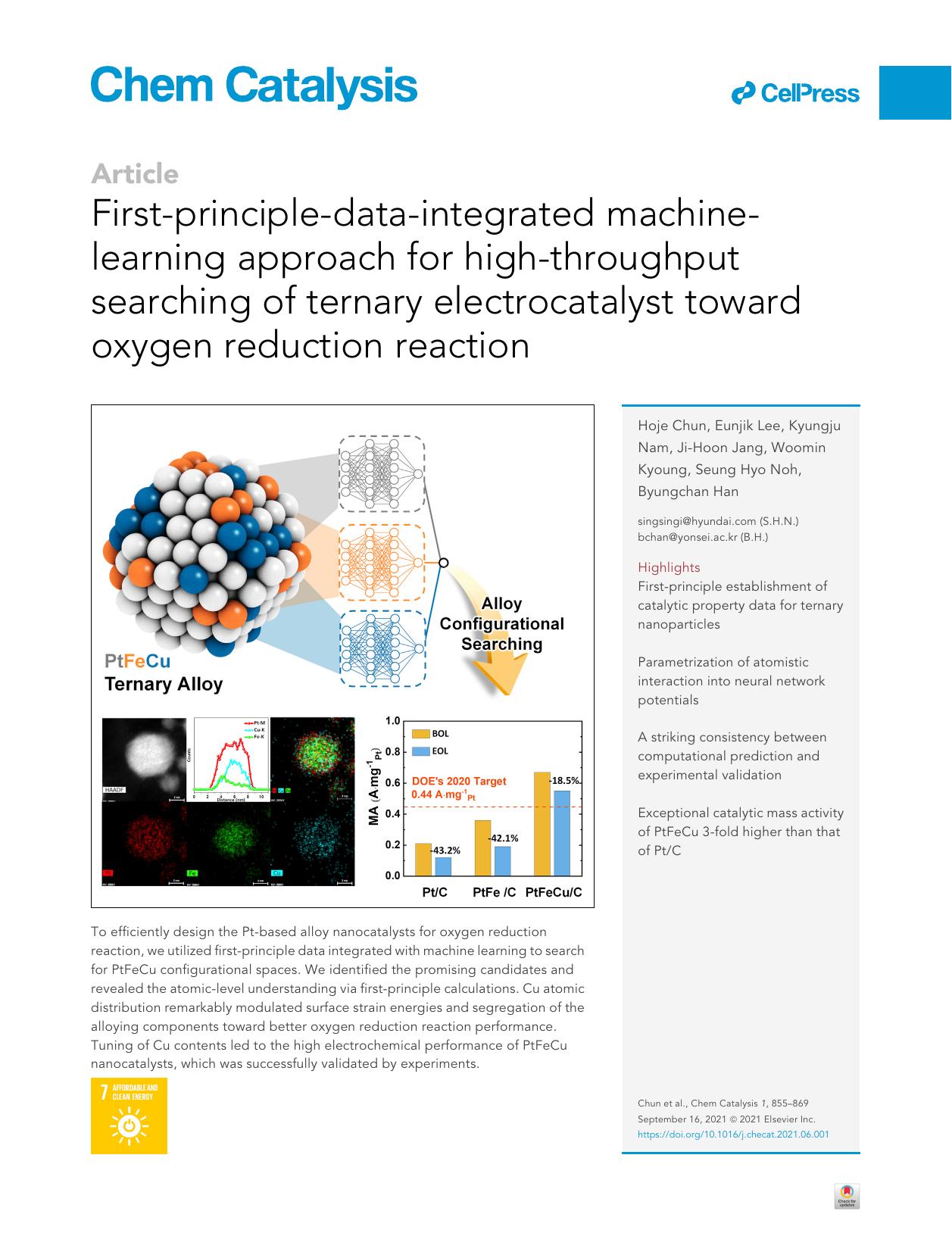 First-principle-data-integrated machine-learning approach for high-throughput searching of ternary electrocatalyst toward oxygen reduction reaction by Hoje Chun & Eunjik Lee & Kyungju Nam & Ji-Hoon Jang & Woomin Kyoung & Seung Hyo Noh & Byungchan Han