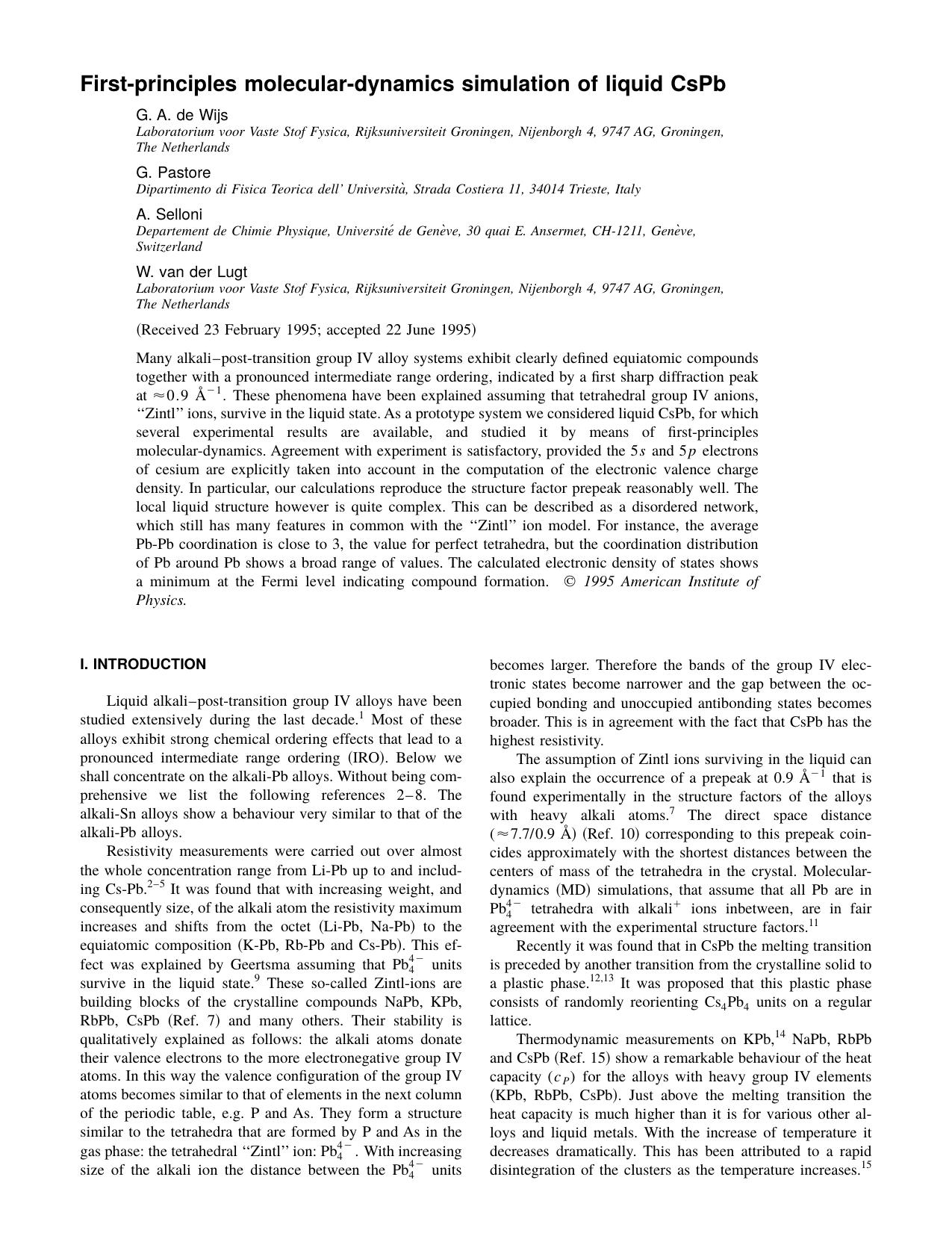 First-principles molecular-dynamics simulation of liquid CsPb by G. A. de Wijs & G. Pastore & A. Selloni & W. van der Lugt