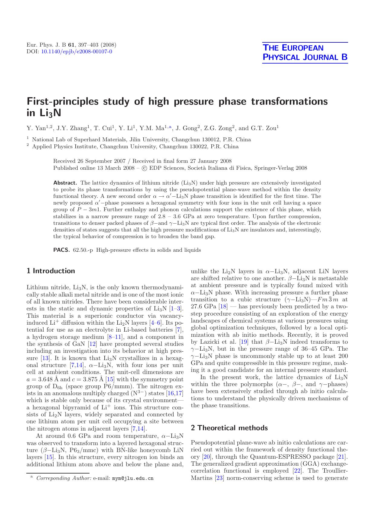 First-principles study of high pressure phase transformations in Li3N by Y. Yan J.Y. Zhang T. Cui Y. Li Y.M. Ma J. Gong Z.G. Zong G.T. Zou