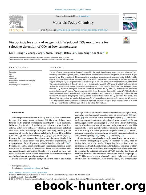First-principles study of oxygen-rich W3-doped TiS2 monolayers for selective detection of CO2 at low temperature by Long Huang & Jiaming Jiang & Ziwen Huang & Detao Lu & Wen Zeng & Qu Zhou