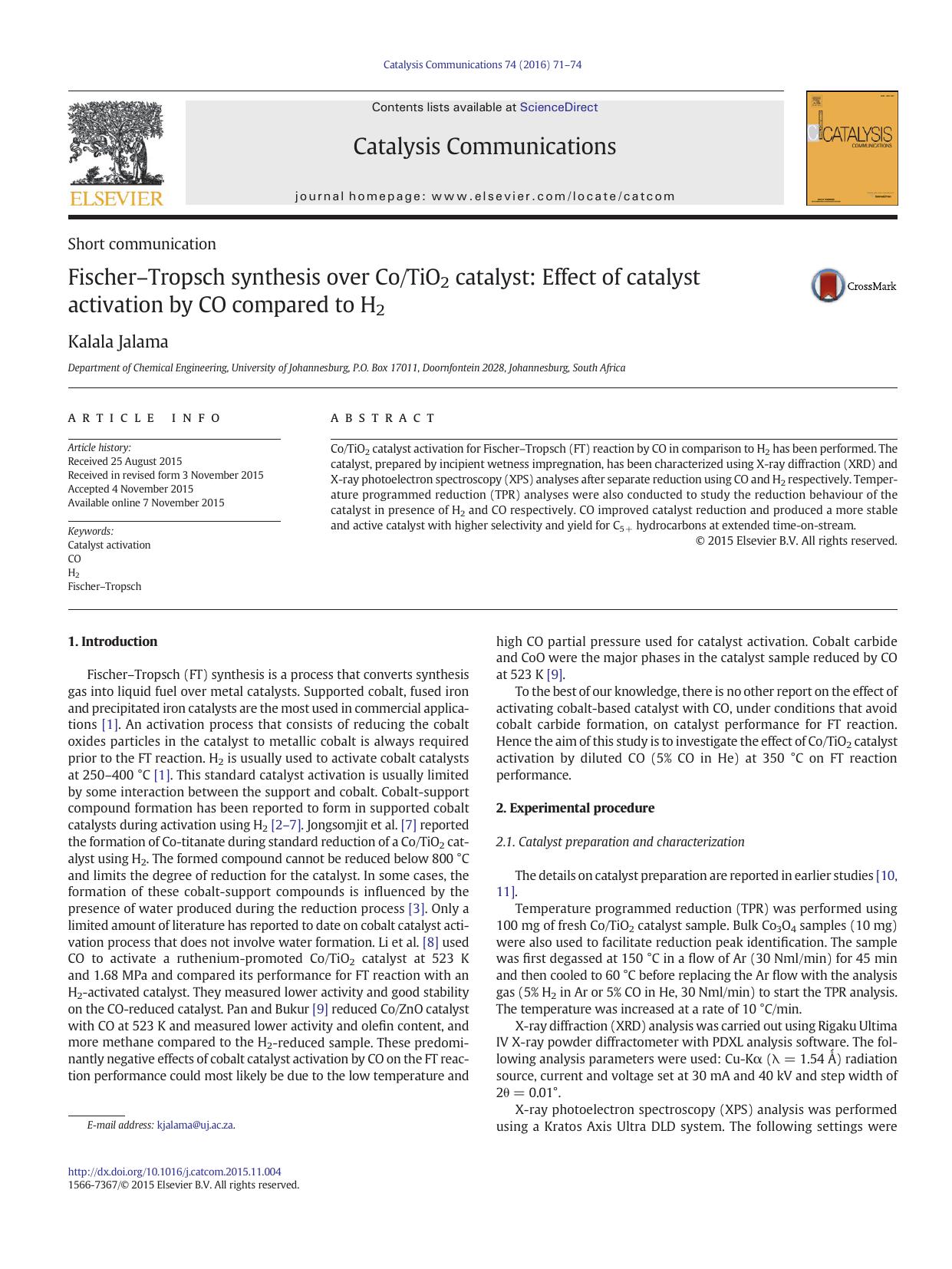 FischerâTropsch synthesis over CoTiO2 catalyst: Effect of catalyst activation by CO compared to H2 by Kalala Jalama