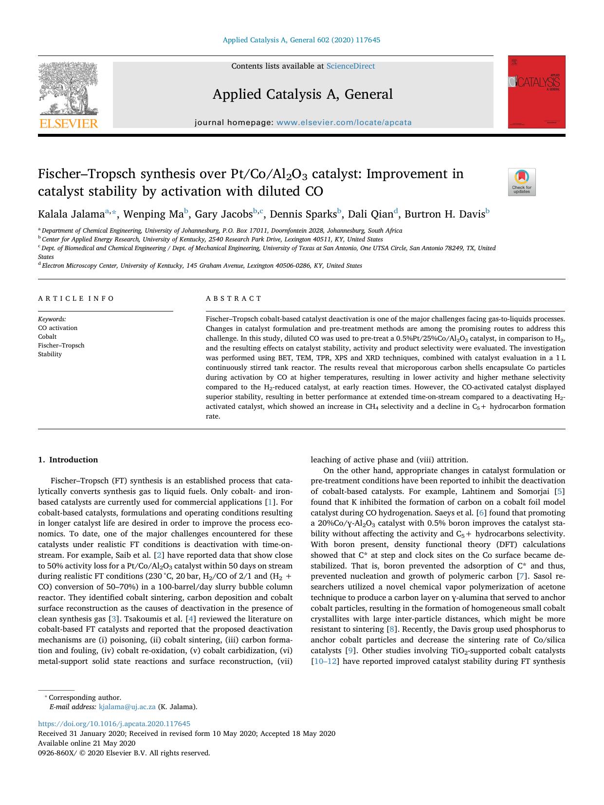 FischerâTropsch synthesis over PtCoAl2O3 catalyst_ Improvement in catalyst stability by activation with diluted CO by Kalala Jalama & Wenping Ma & Gary Jacobs & Dennis Sparks & Dali Qian & Burtron H. Davis