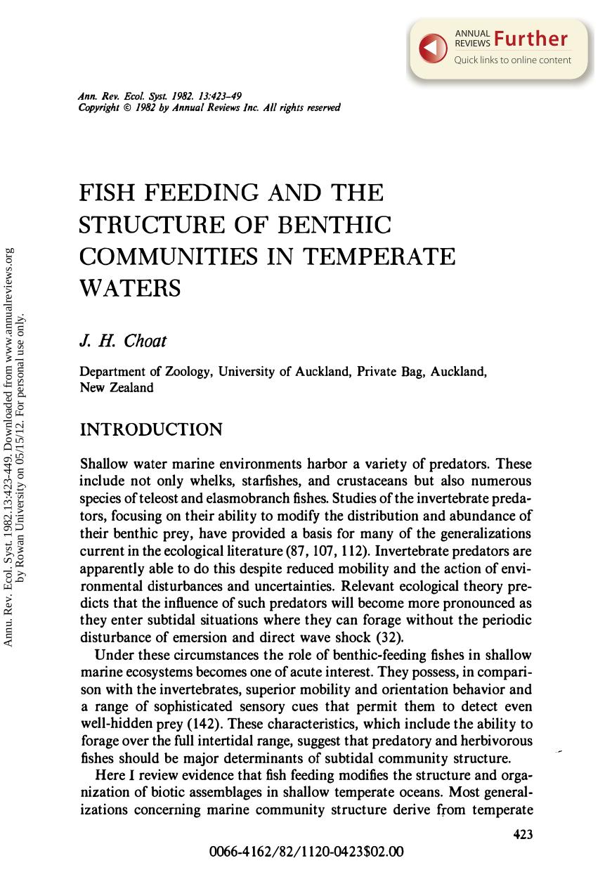 Fish Feeding and the Structure of Benthic Communities in Temperate Waters by J H Choat