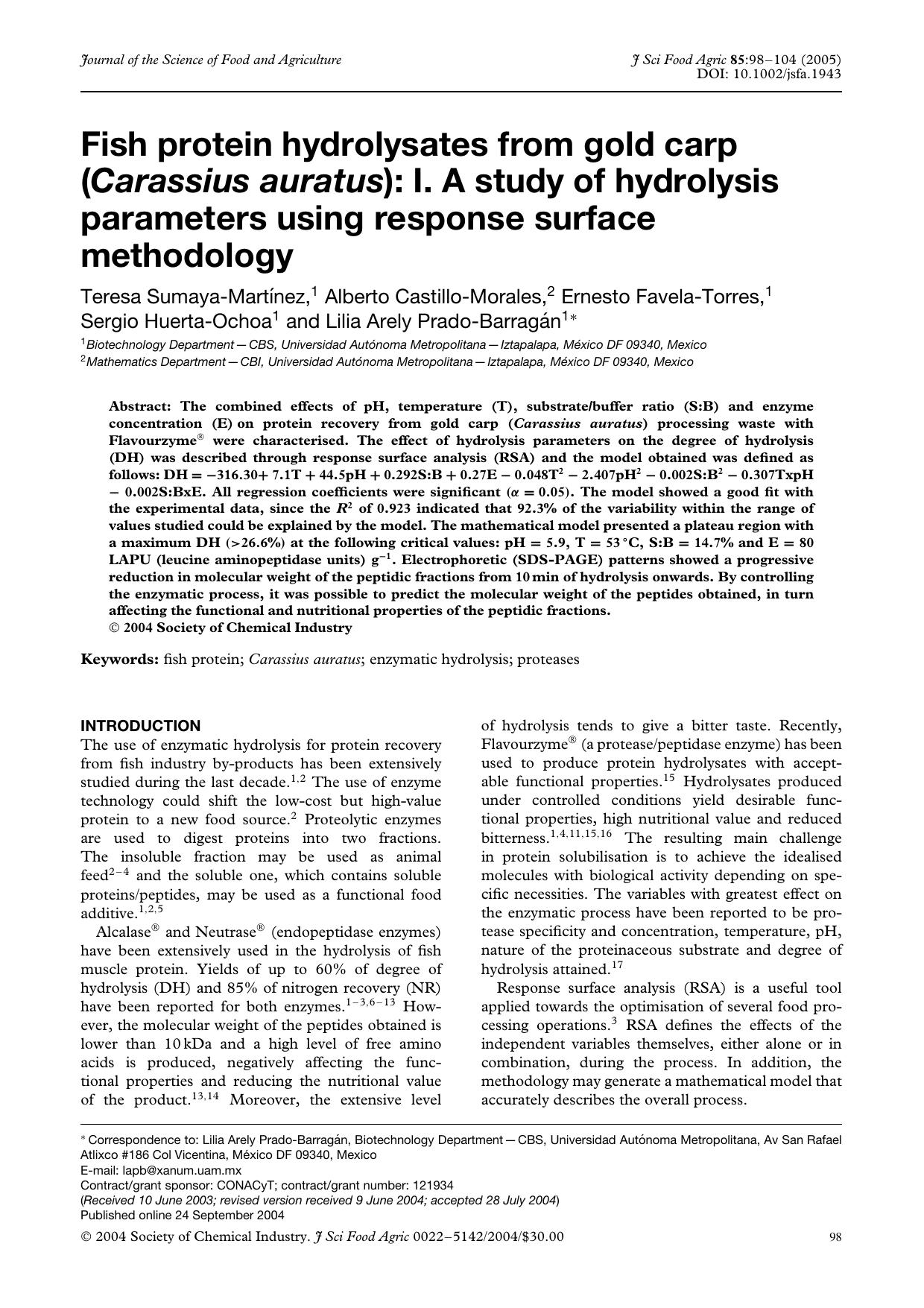 Fish protein hydrolysates from gold carp (Carassius auratus): I. A study of hydrolysis parameters using response surface methodology by Unknown