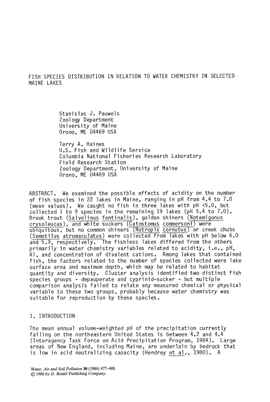 Fish species distribution in relation to water chemistry in selected Maine lakes by Unknown