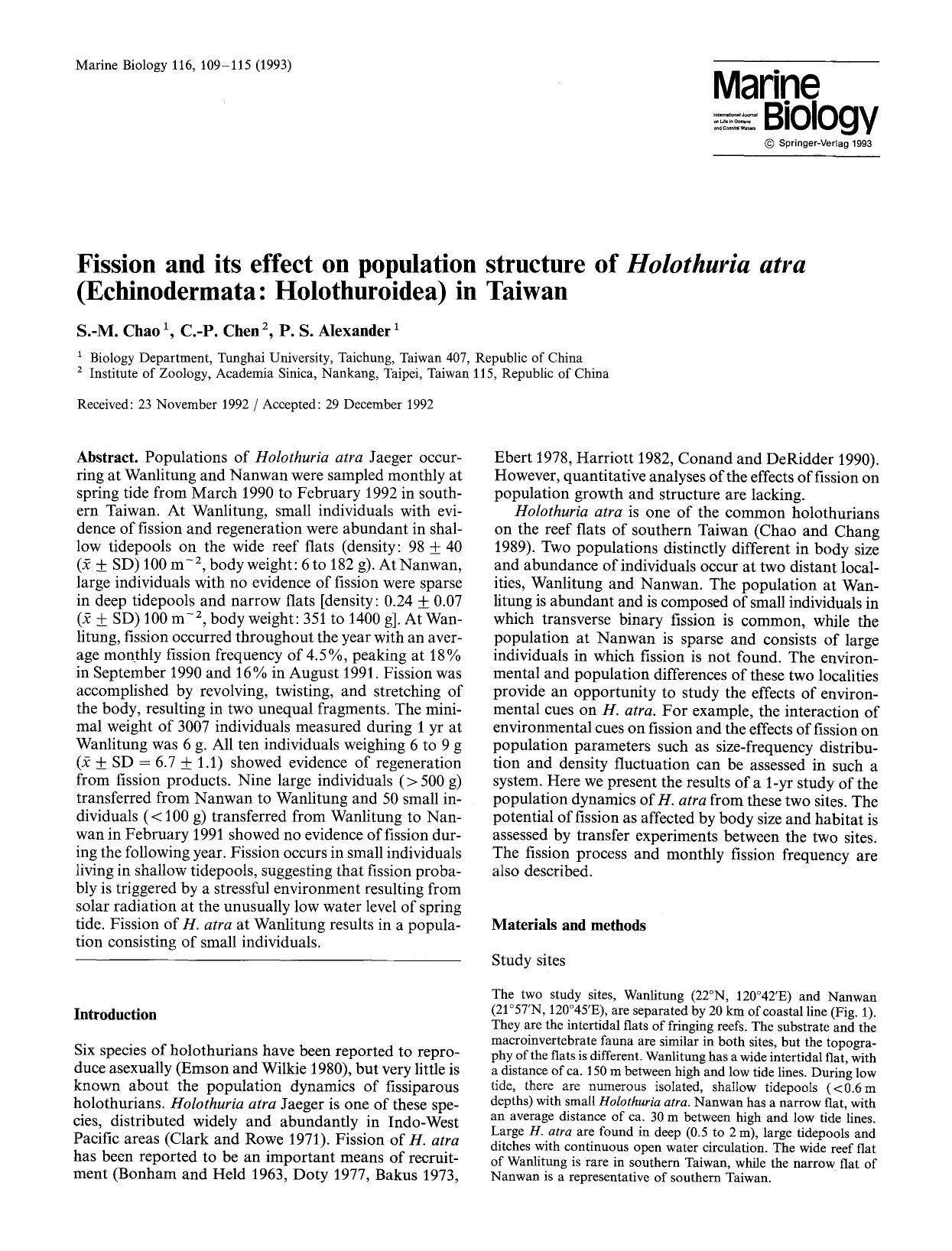 Fission and its effect on population structure of <Emphasis Type="Italic">Holothuria atra<Emphasis> (Echinodermata: Holothuroidea) in Taiwan by Unknown