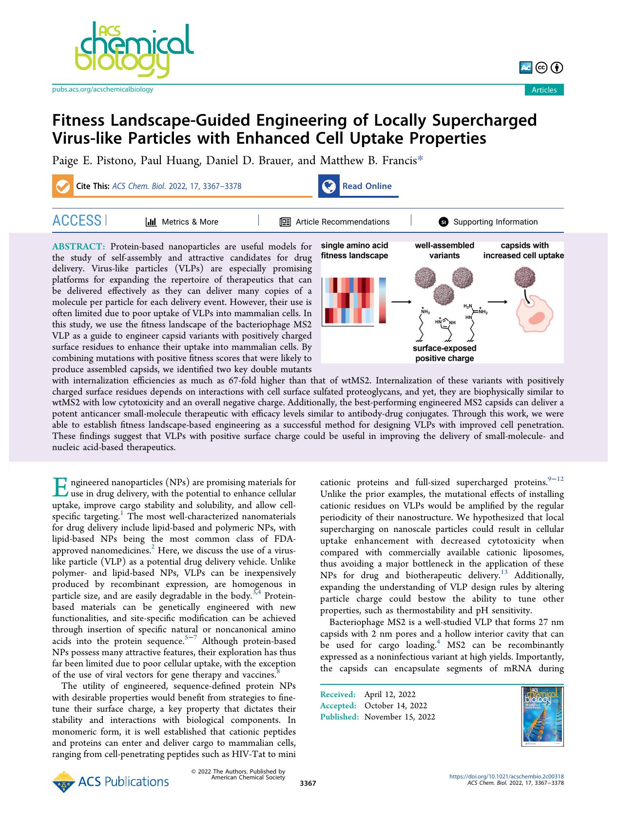 Fitness Landscape-Guided Engineering of Locally Supercharged Virus-like Particles with Enhanced Cell Uptake Properties by Paige E. Pistono Paul Huang Daniel D. Brauer and Matthew B. Francis