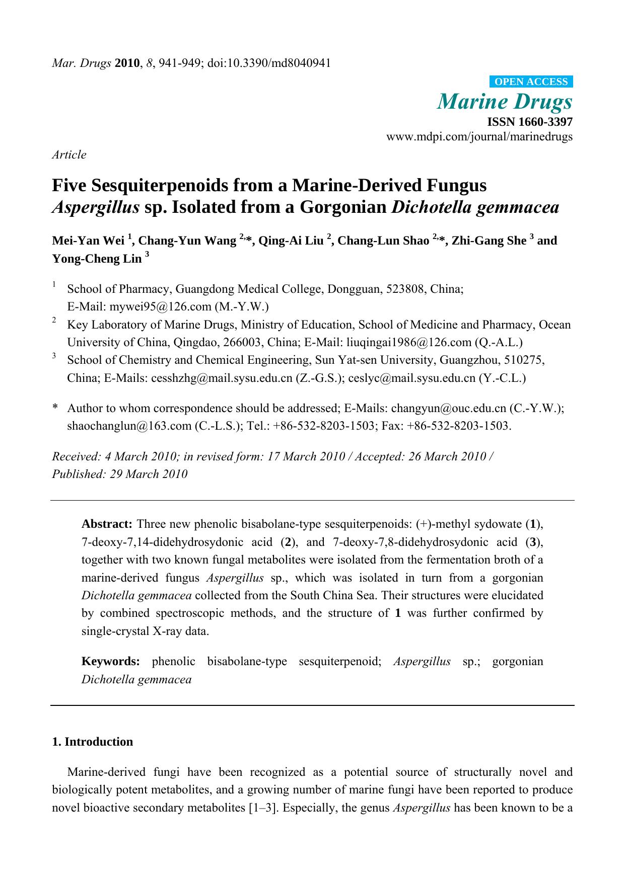 Five Sesquiterpenoids from a Marine-Derived Fungus Aspergillus sp. Isolated from a Gorgonian Dichotella gemmacea by Mei-Yan Wei & Chang-Yun Wang & Qing-Ai Liu & Chang-Lun Shao & Zhi-Gang She & Yong-Cheng Lin