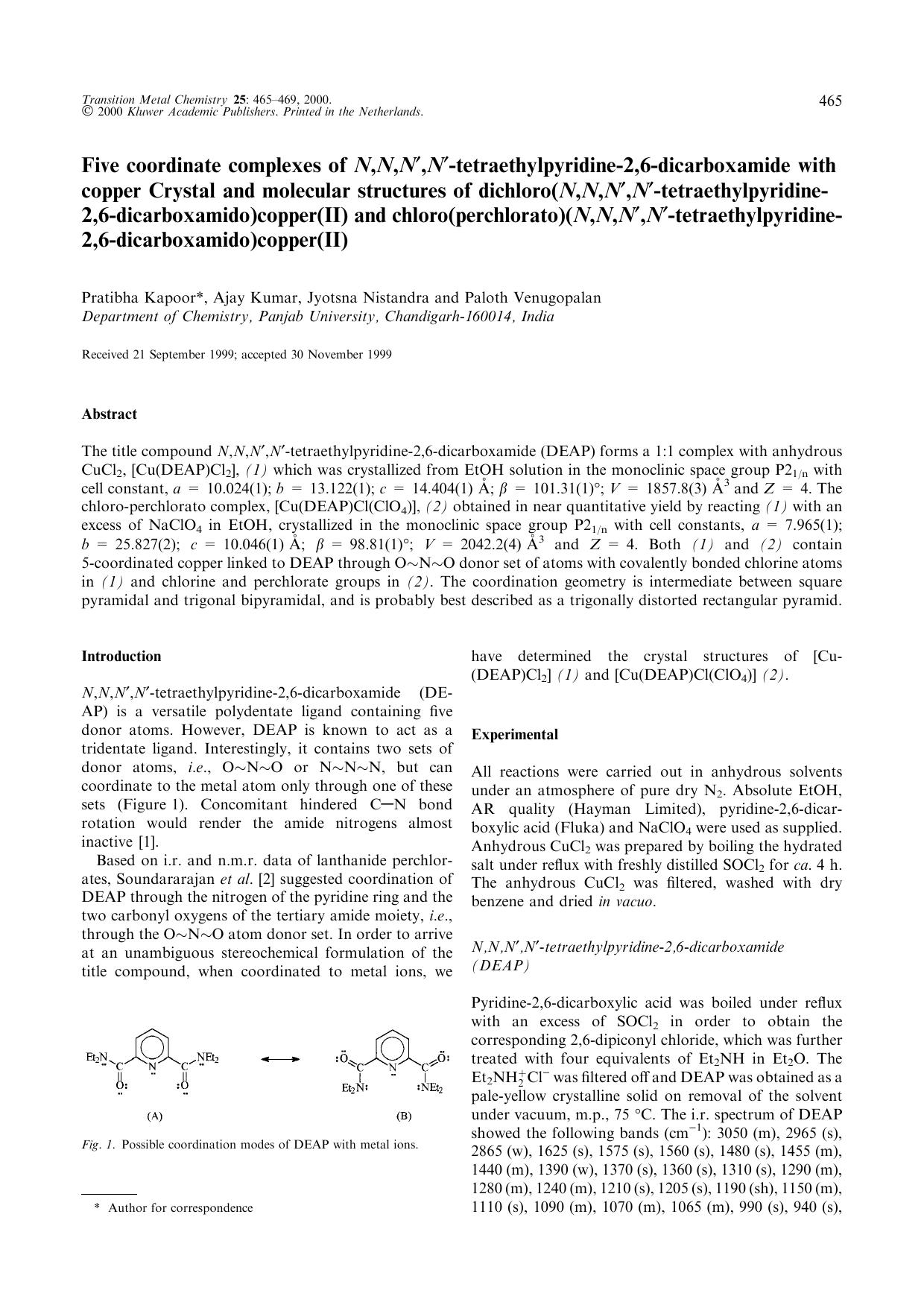Five coordinate complexes of N,N,N′,N′-tetraethylpyridine-2,6-dicarboxamide with copper Crystal and molecular structures of dichloro(N,N,N′,N′-tetraethy by Unknown