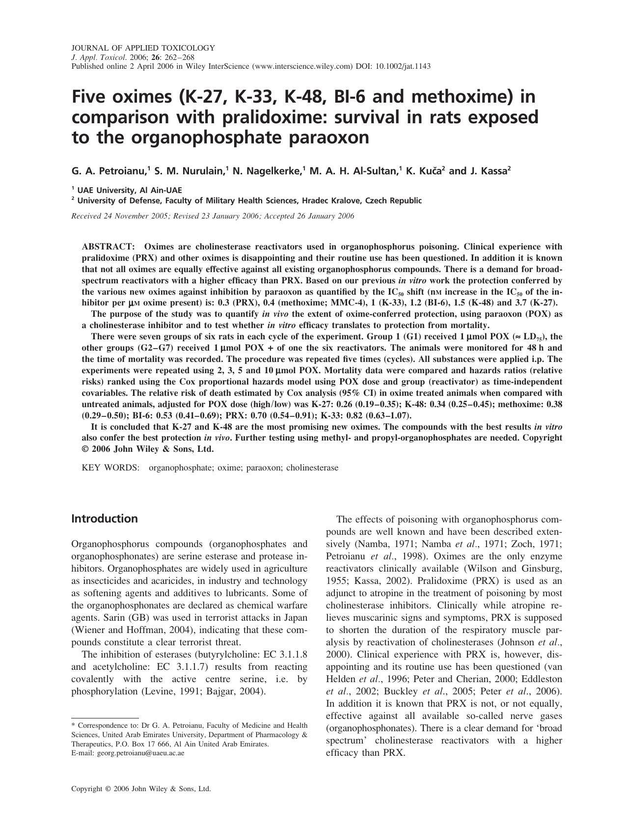 Five oximes (K-27, K-33, K-48, BI-6 and methoxime) in comparison with pralidoxime: survival in rats exposed to the organophosphate paraoxon by FuHT