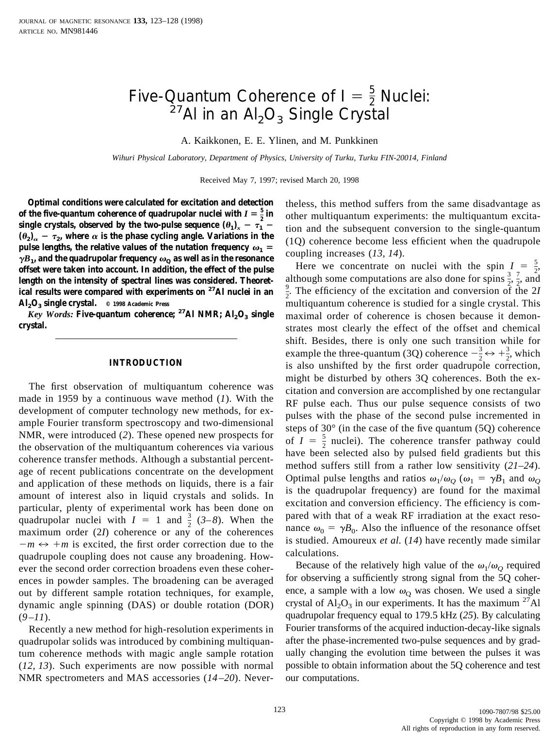 Five-Quantum Coherence of I = 52 Nuclei: 27Al in an Al2O3 Single Crystal by Kaikkonen A. et al