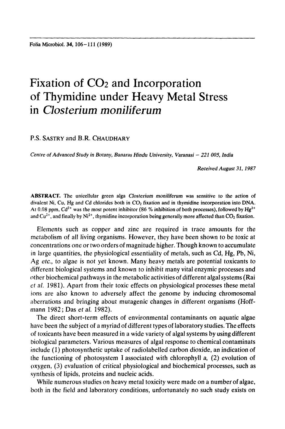 Fixation of CO <Subscript>2 <Subscript> and incorporation of thymidine under heavy metal stress in <Emphasis Type="Italic">Closterium moniliferum <Emphasis> by Unknown