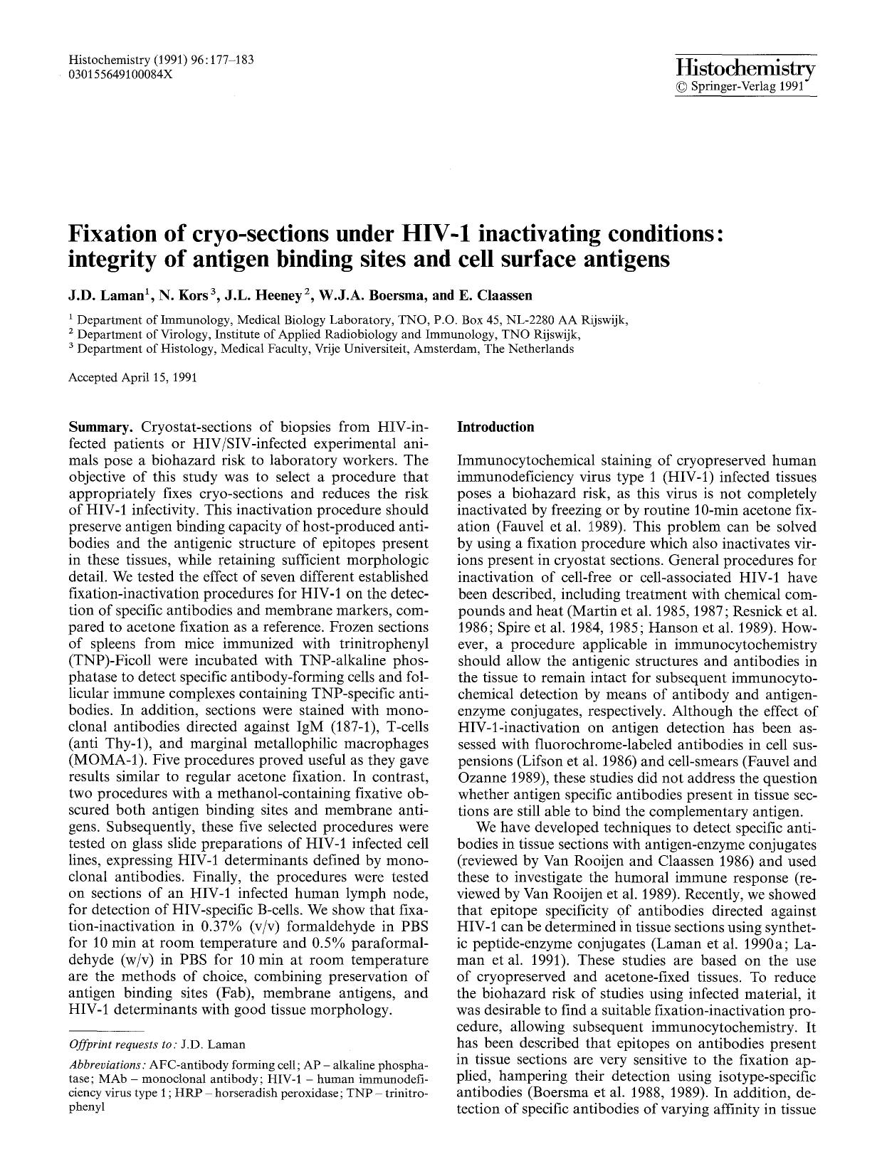 Fixation of cryo-sections under HIV-1 inactivating conditions: integrity of antigen binding sites and cell surface antigens by Unknown