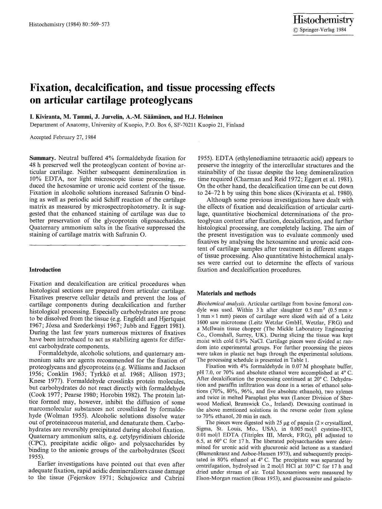 Fixation, decalcification, and tissue processing effects on articular cartilage proteoglycans by Unknown