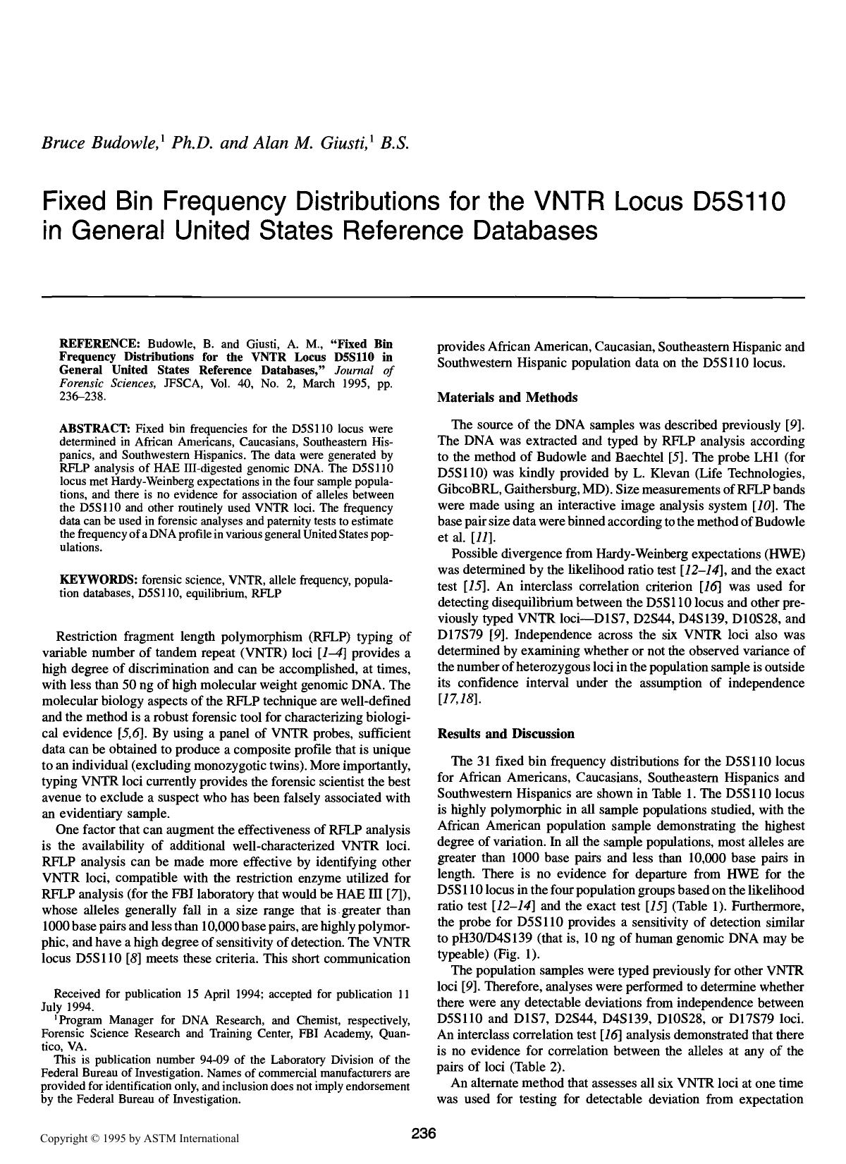 Fixed Bin Frequency Distributions for the VNTR Locus D5S110 in General United States Reference Databases by Budowle B Giusti AM