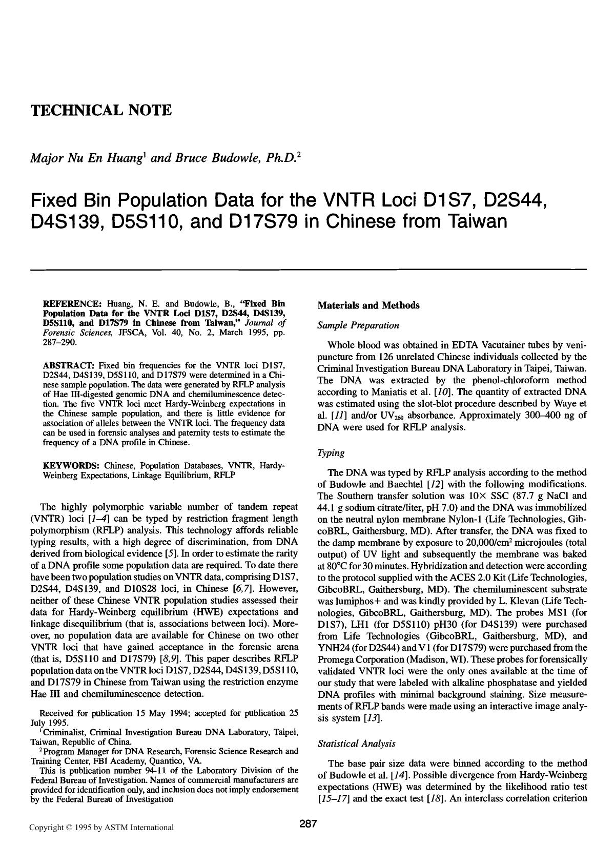 Fixed Bin Population Data for the VNTR Loci D1S7, D2S44, D4S139, D5S110, and D17S79 in Chinese from Taiwan by Huang NE Budowle B
