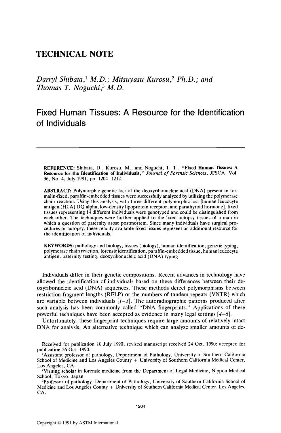 Fixed Human Tissues: A Resource for the Identification of Individuals by Shibata D Kurosu M Noguchi TT