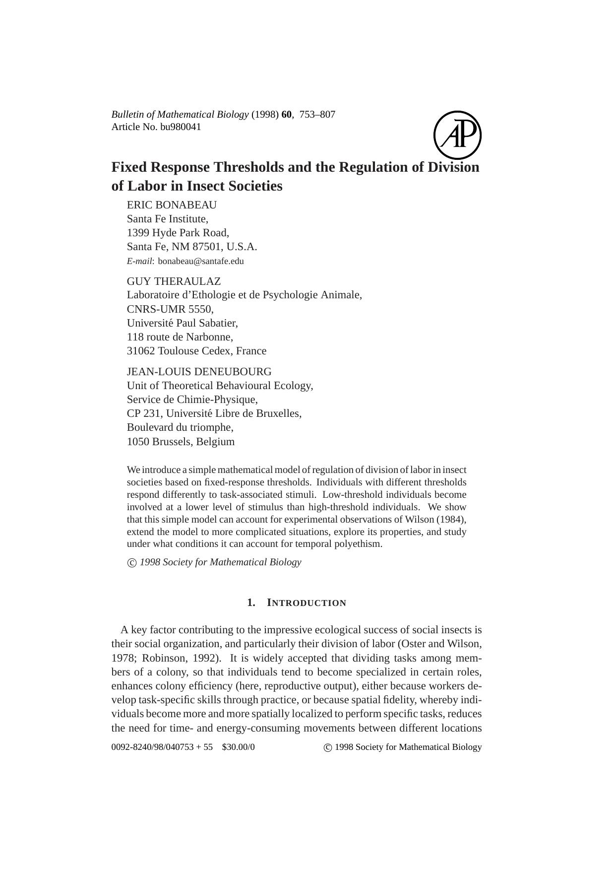 Fixed Response Thresholds and the Regulation of Division of Labor in Insect Societies by BONABEAU D. et al