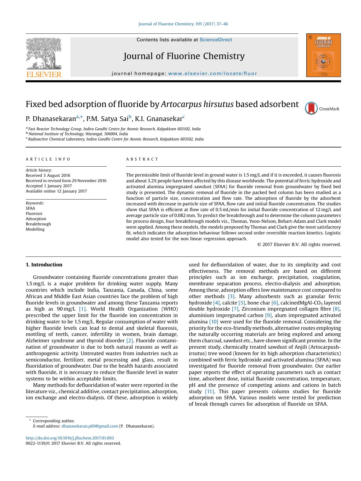 Fixed bed adsorption of fluoride by Artocarpus hirsutus based adsorbent by P. Dhanasekaran & P.M. Satya Sai & K.I. Gnanasekar