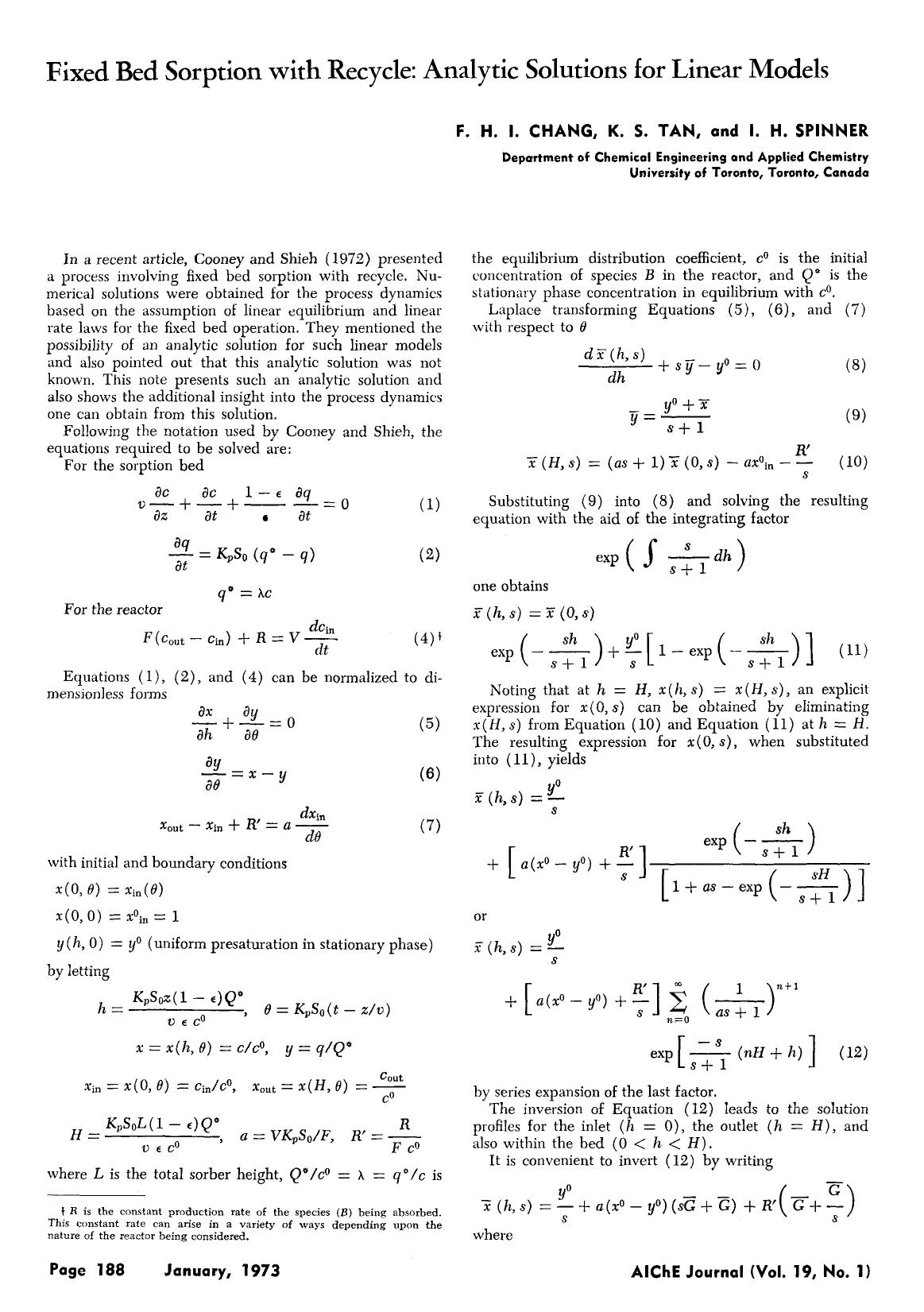 Fixed bed sorption with recycle: Analytic solutions for linear models by Unknown