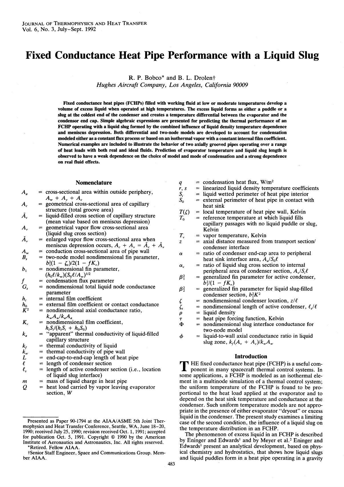 Fixed conductance heat pipe performance with a liquid slug by Unknown