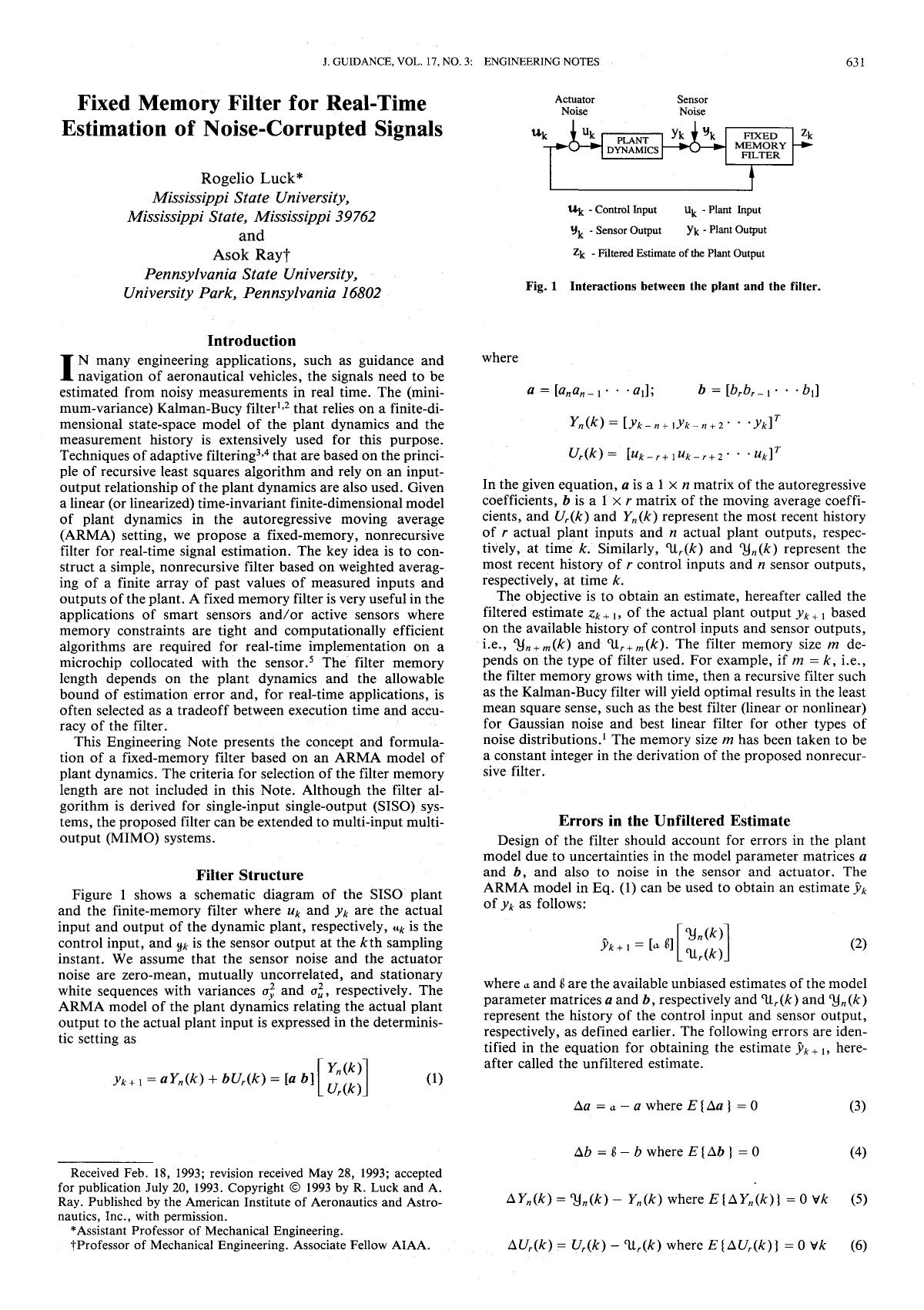 Fixed memory filter for real-time estimation of noise-corrupted signals by Unknown
