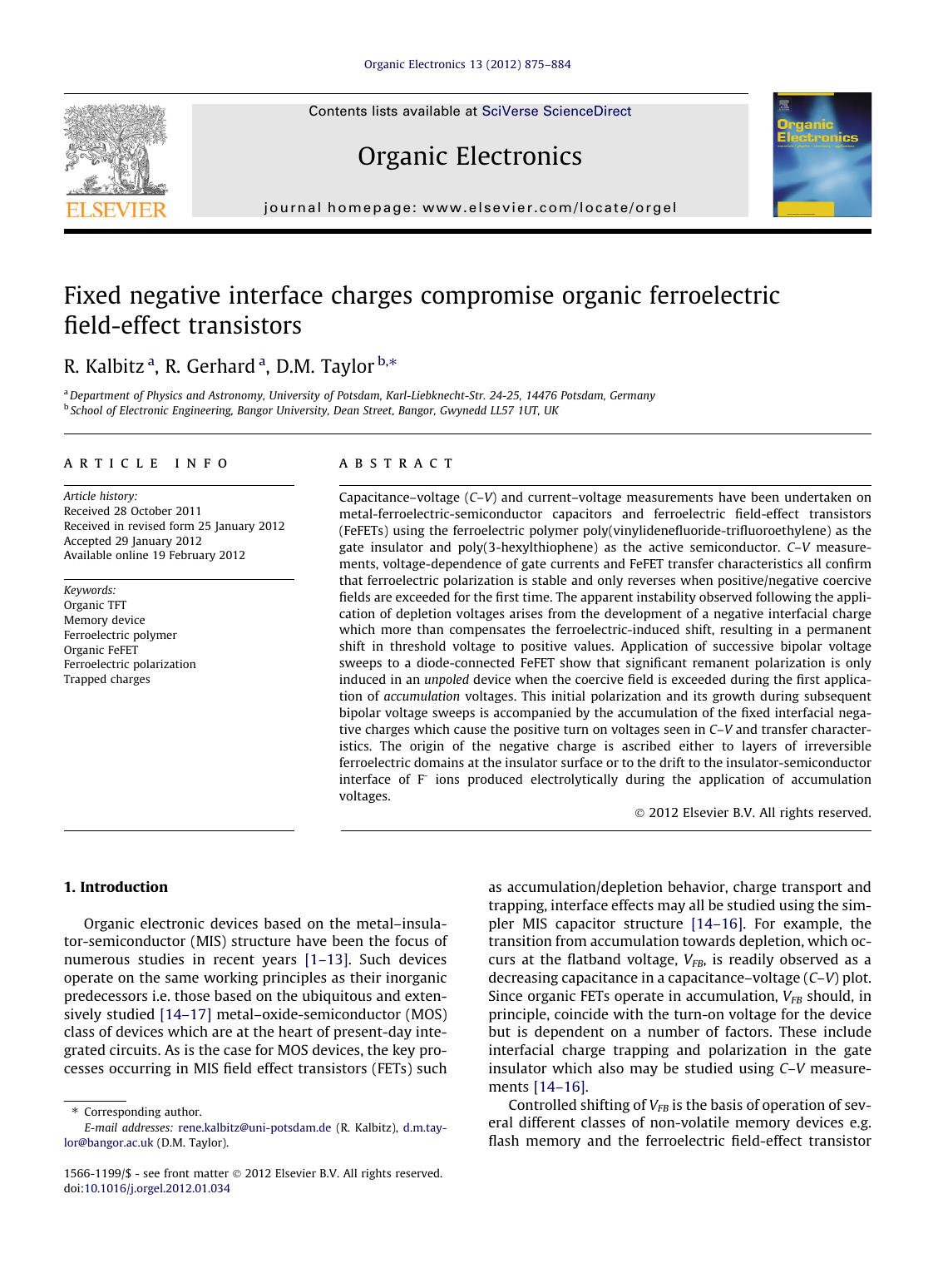 Fixed negative interface charges compromise organic ferroelectric field-effect transistors by R. Kalbitz & R. Gerhard & D.M. Taylor