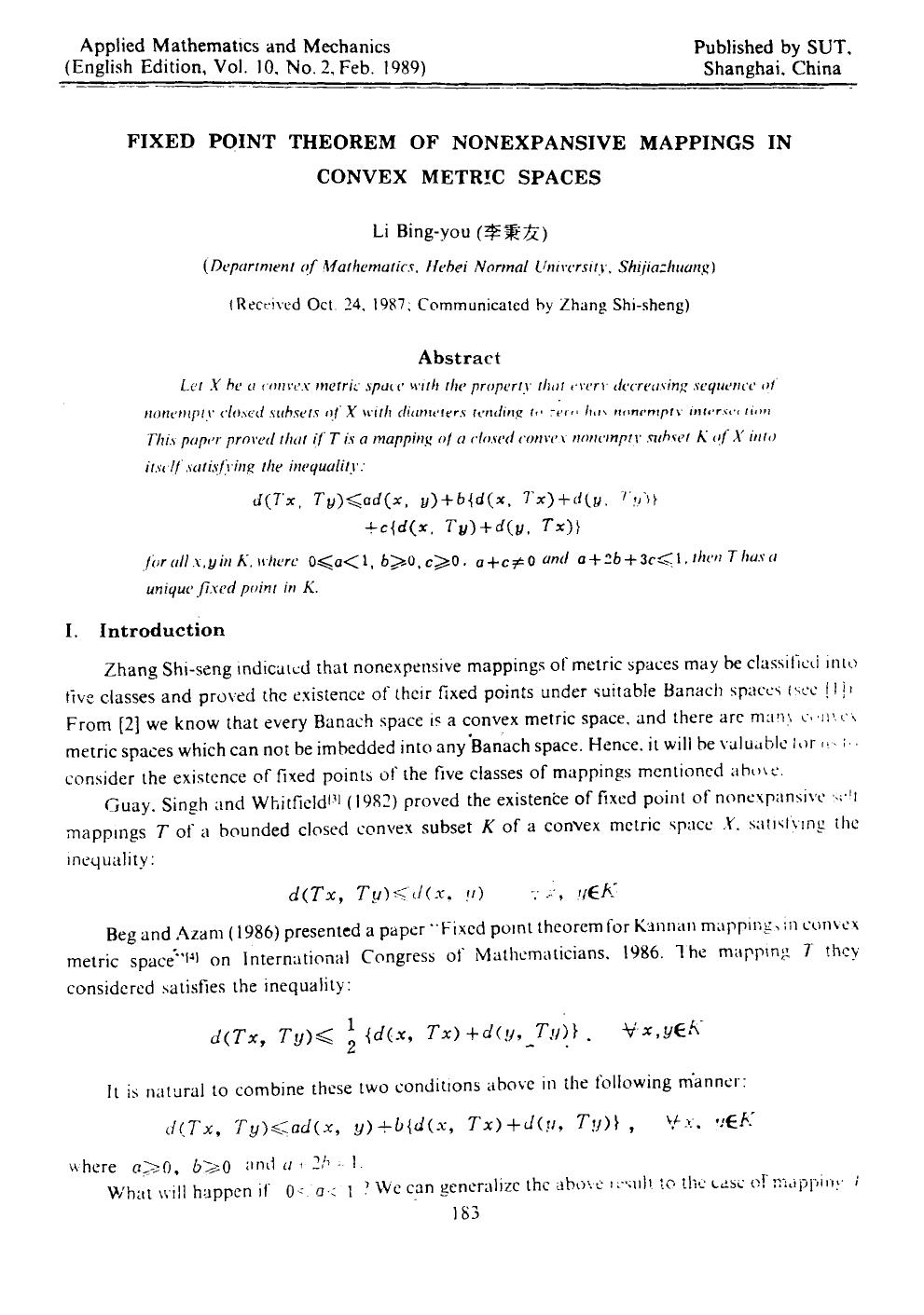 Fixed point theorem of nonexpansive mappings in convex metric spaces by Unknown