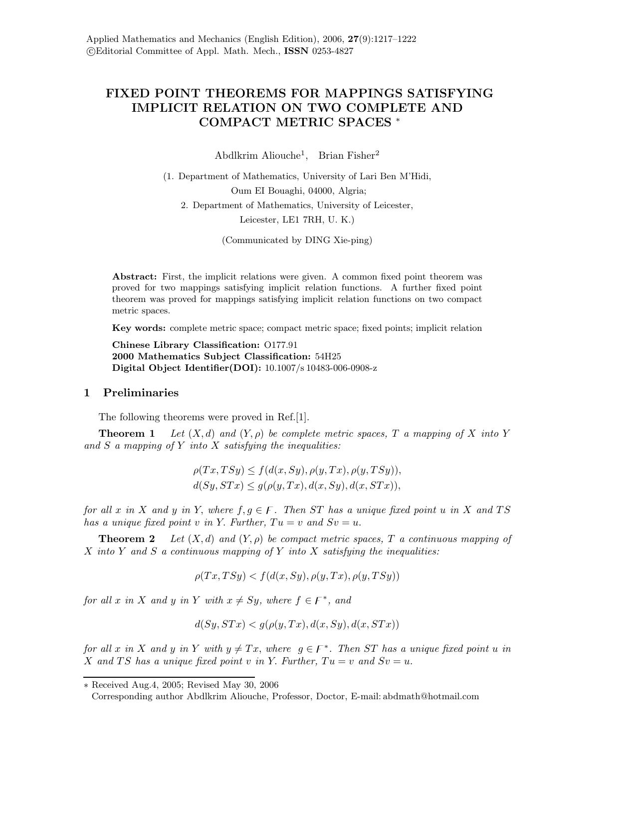 Fixed point theorems for mappings satisfying implicit relation on two complete and compact metric spaces by Unknown