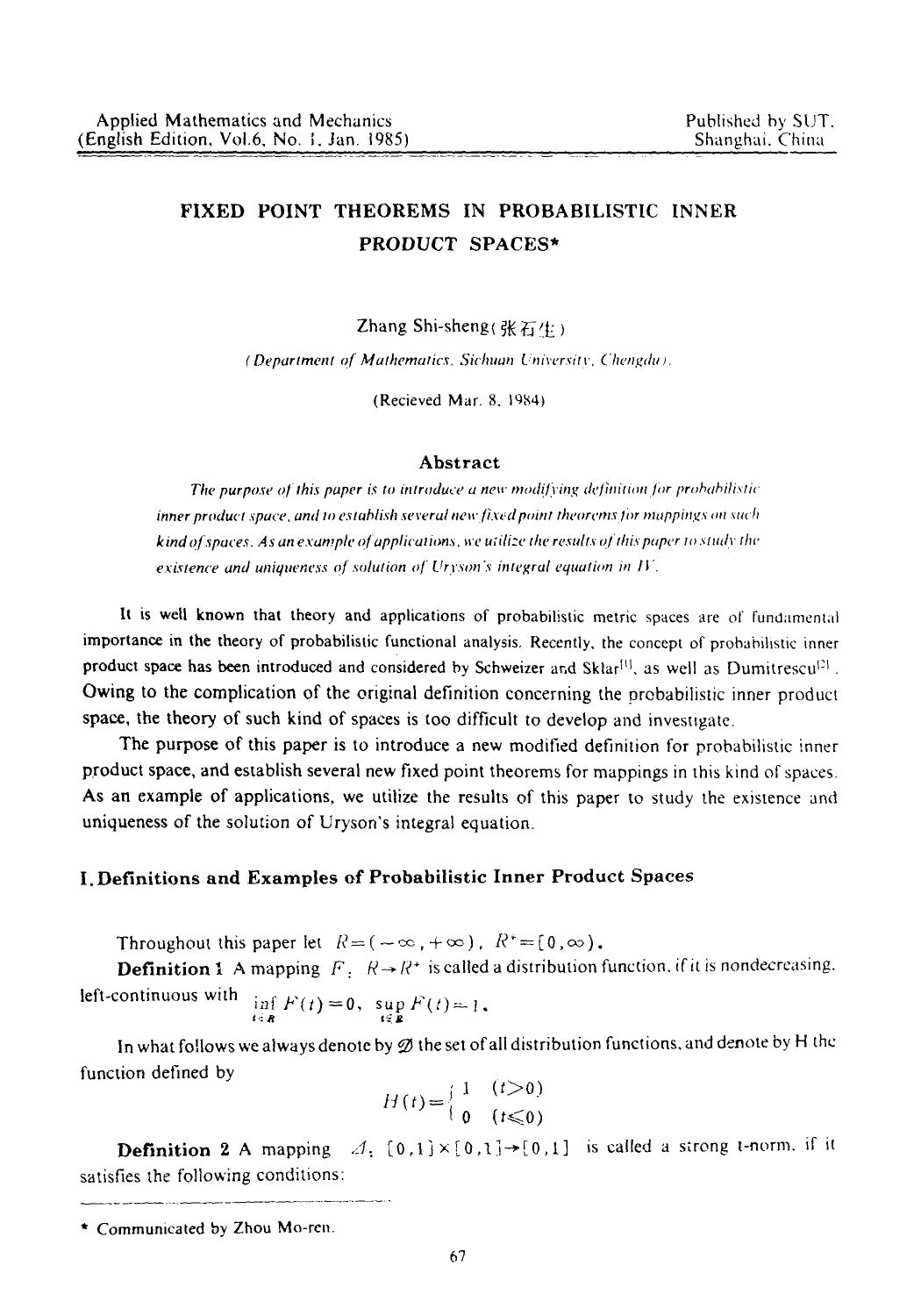 Fixed point theorems in probabilistic inner product spaces by Unknown