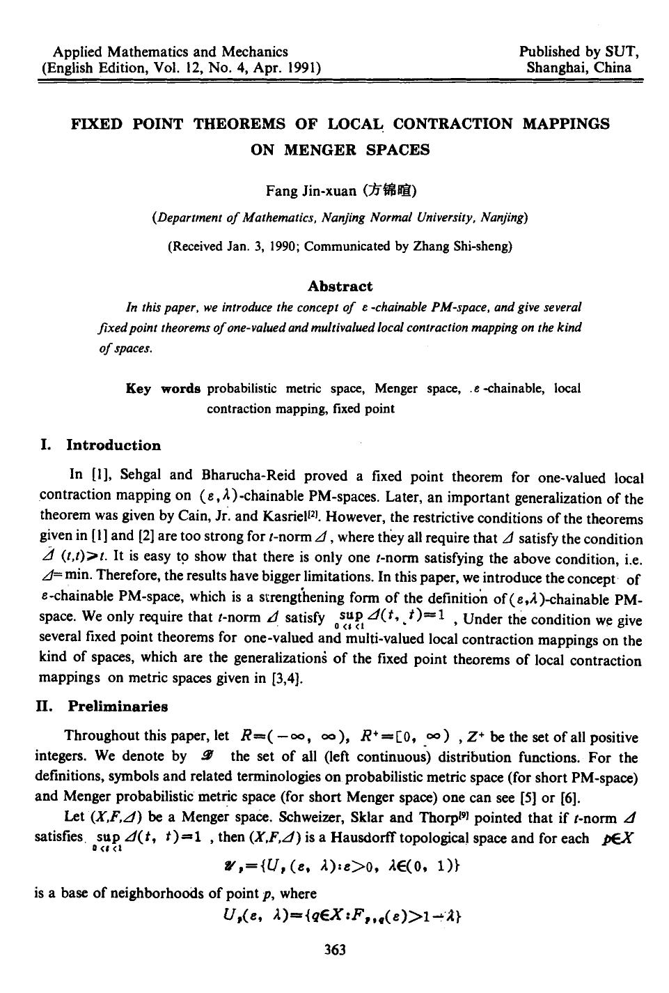 Fixed point theorems of local contraction mappings on menger spaces by Unknown