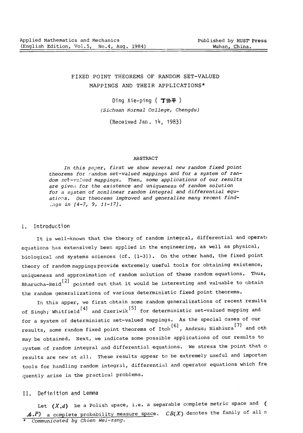 Fixed point theorems of random set-valued mappings and their applications by Unknown