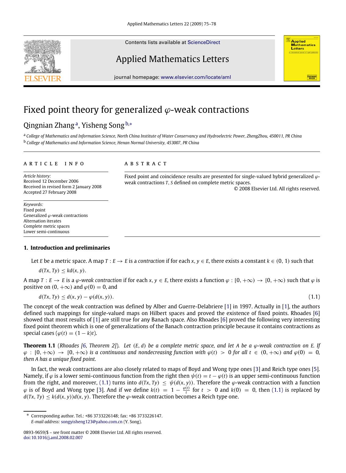 Fixed point theory for generalized Ï-weak contractions by Q. Zhang Y. Song